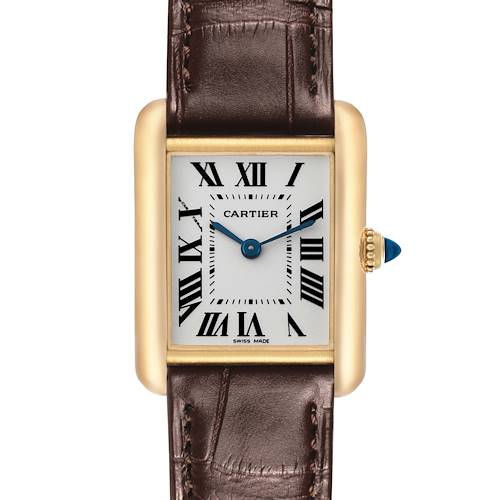 The Cartier Tank Louis W1529856 Women's Yellow Gold Silver Dial watch is shown from a top view, displaying its rectangular face, Roman numerals, and brown leather strap.
