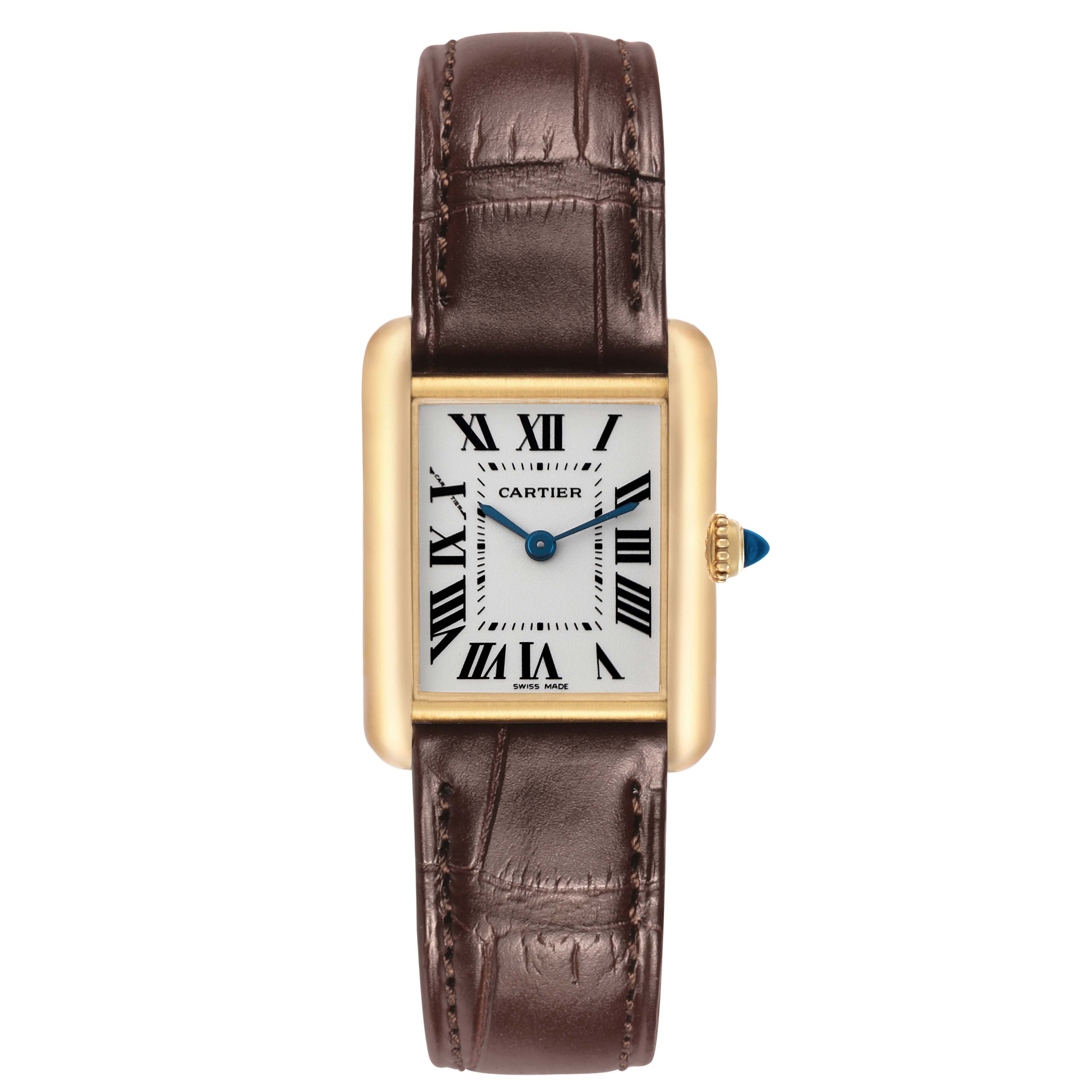 The Cartier Tank Louis W1529856 Women's Yellow Gold Silver Dial watch is shown from a front angle, displaying the entire dial, gold case, and brown leather strap.