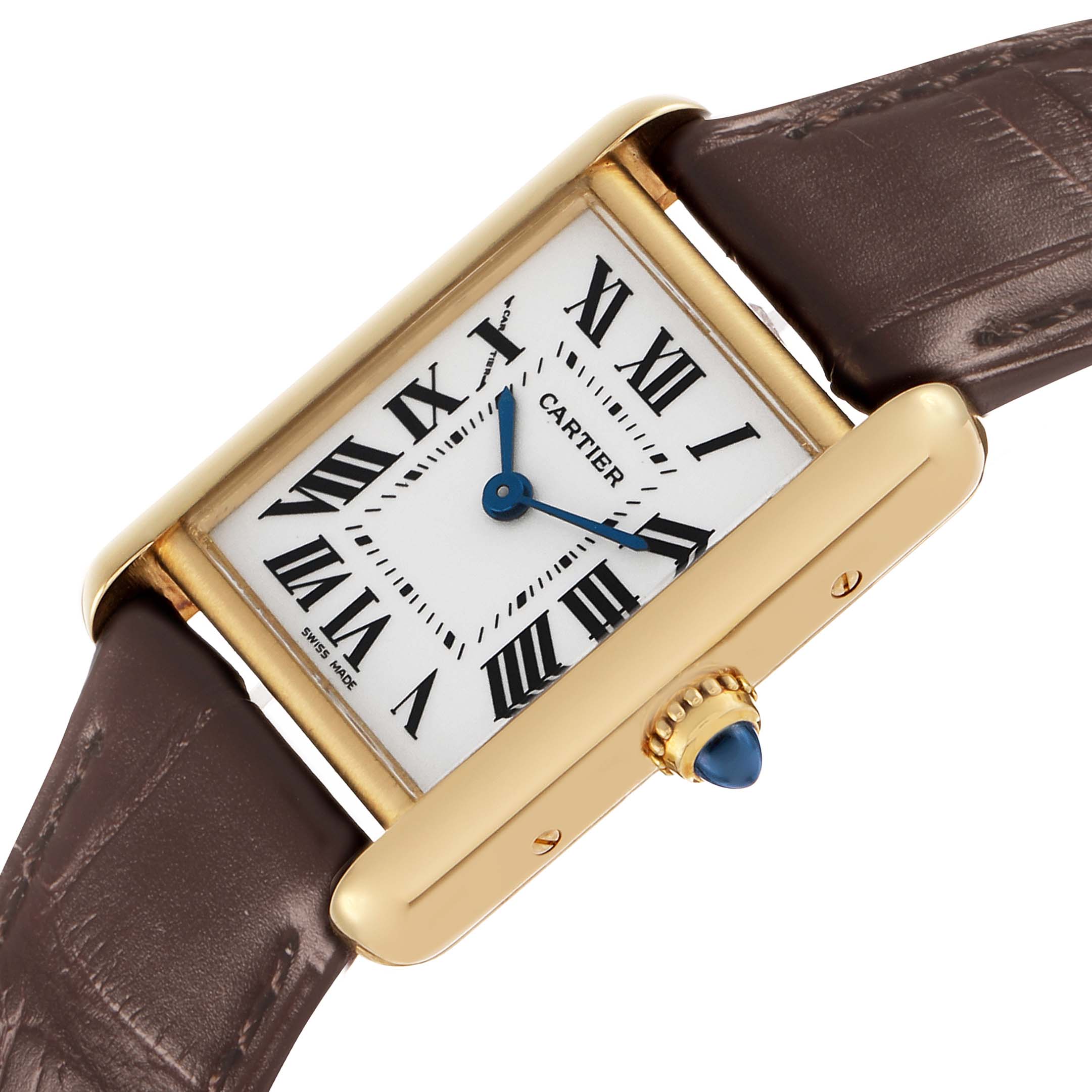 The Cartier Tank Louis W1529856 Women's Yellow Gold Silver Dial watch is shown at an angle highlighting the rectangular dial, Roman numerals, crown, and leather strap.