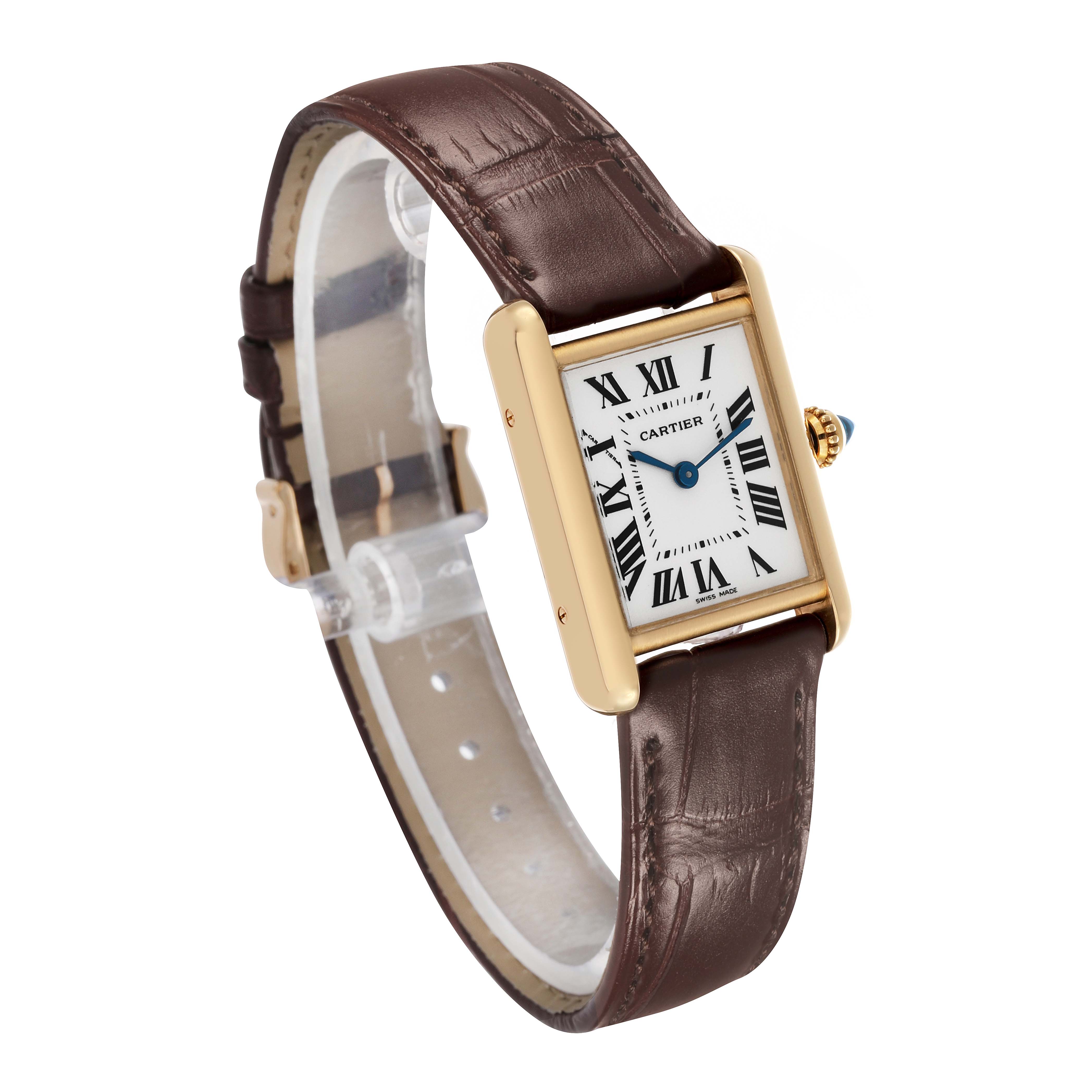 The Cartier Tank Louis W1529856 Women's Yellow Gold Silver Dial watch is shown at an angled side view, displaying its rectangular face, gold case, and brown leather strap.