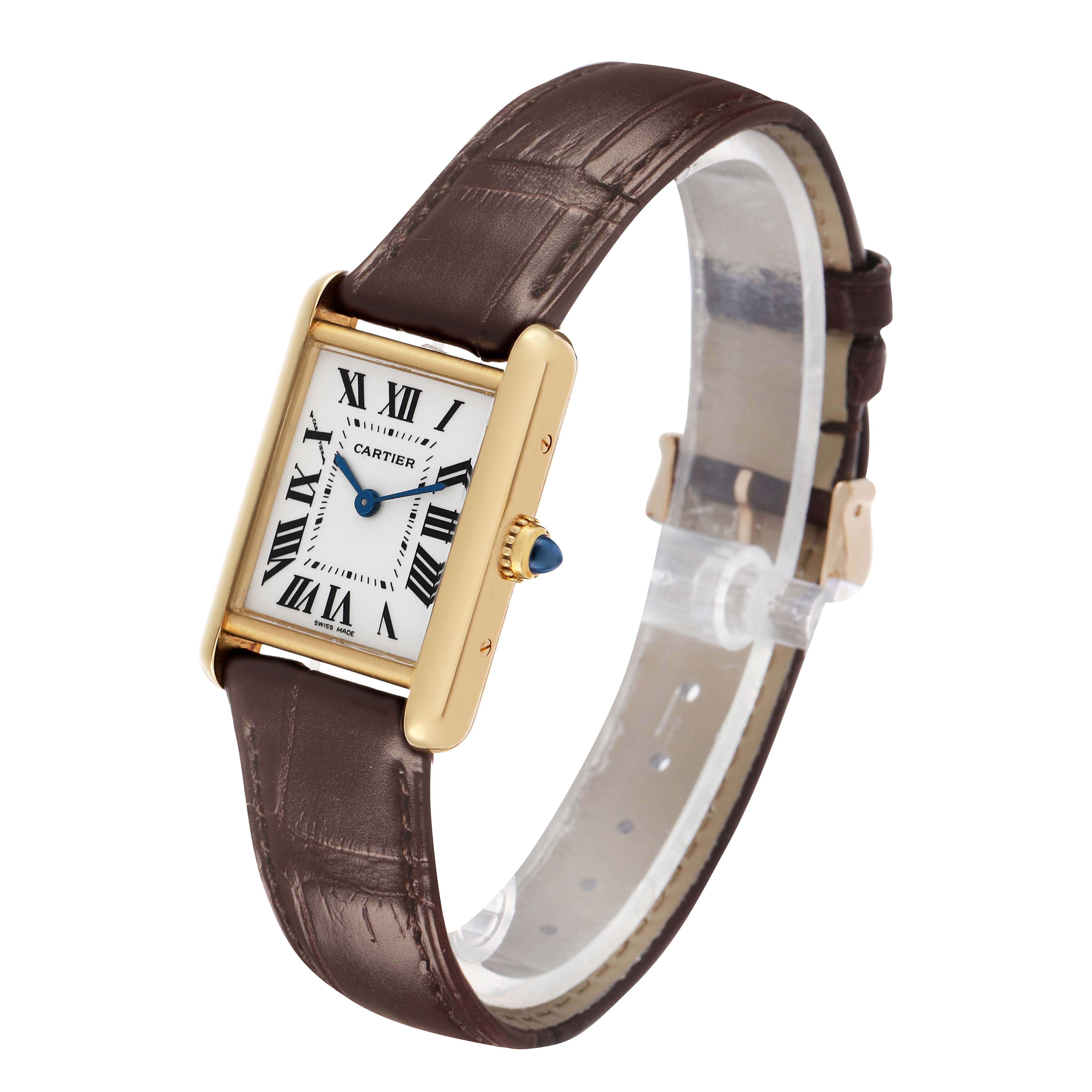 The Cartier Tank Louis W1529856 Women's Yellow Gold Silver Dial watch is shown at an angle highlighting the face, crown, and leather strap.