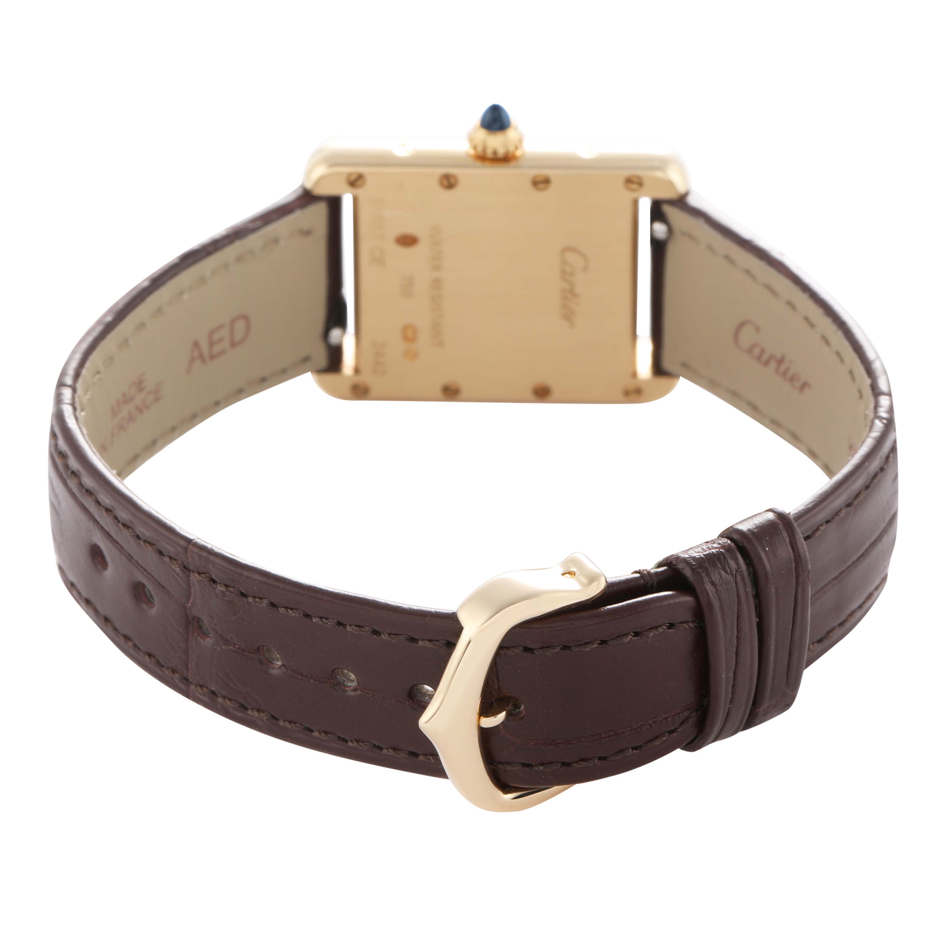 The image shows the back and strap of a Cartier Tank Louis W1529856 Women's Yellow Gold Silver Dial watch, focusing on the caseback and brown leather strap with buckle.