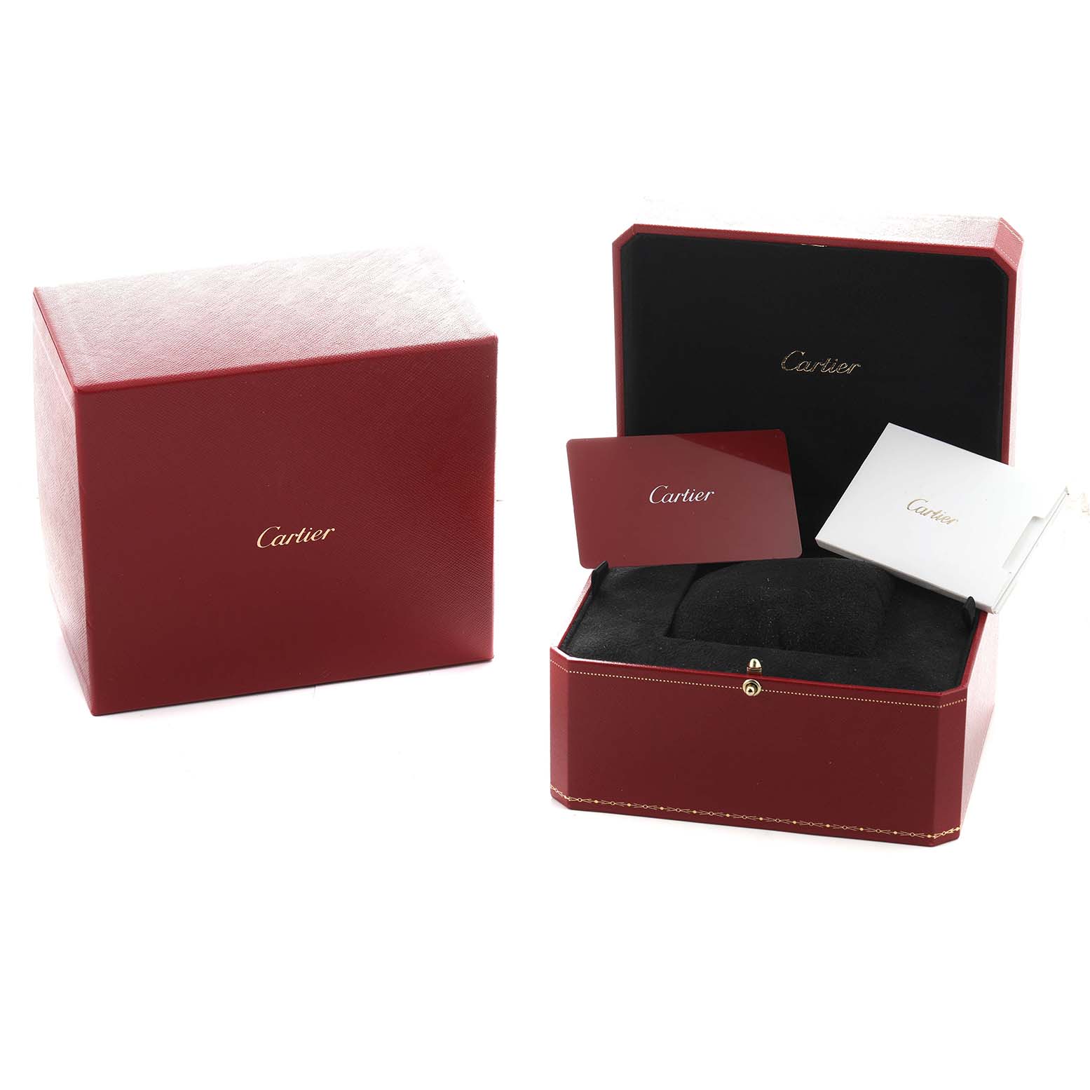 The image shows the Cartier Tank Must WSTA0059 Women's Stainless Steel Silver Dial packaging with the inner and outer boxes, booklet, and a card.