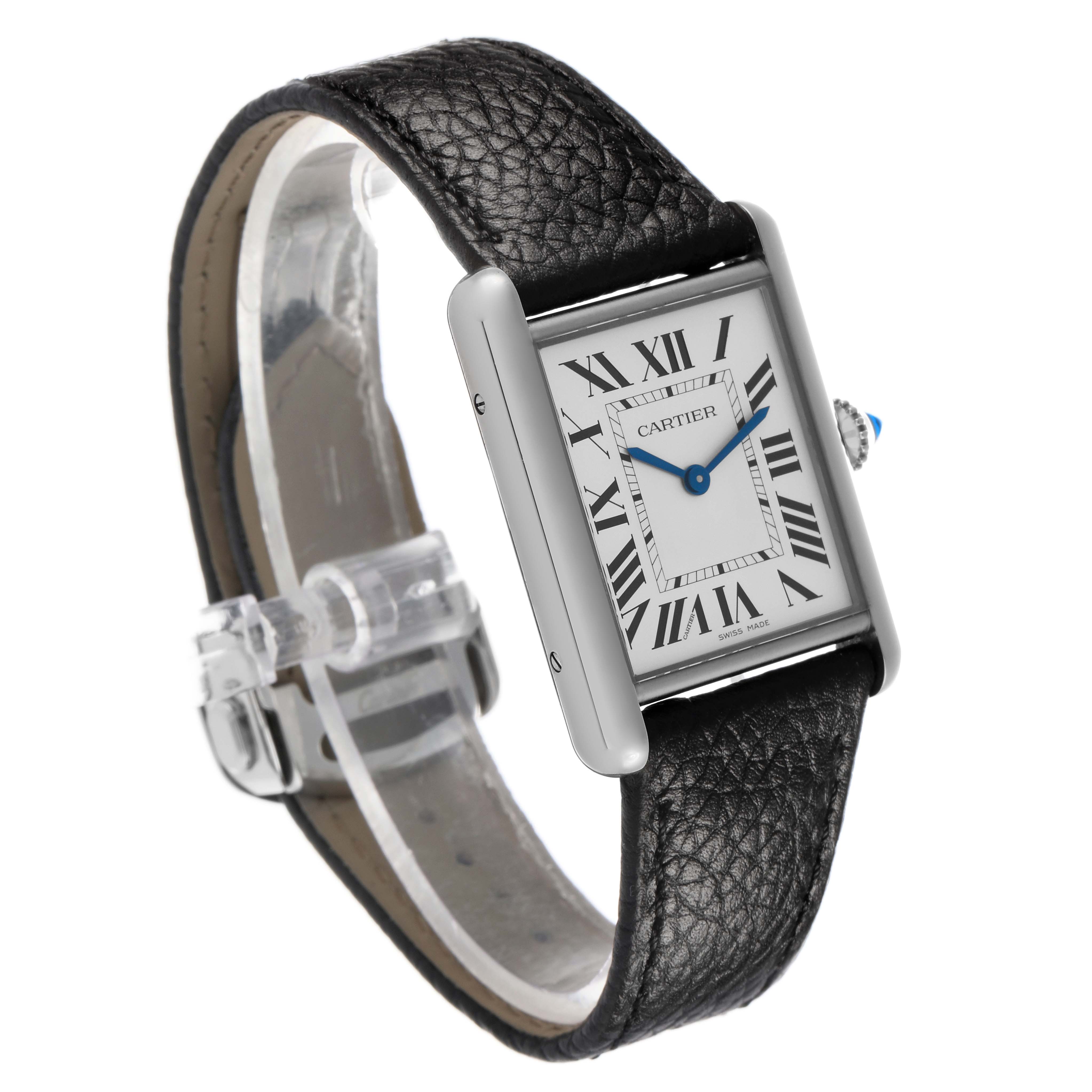 The Cartier Tank Must WSTA0059 Women's Stainless Steel Silver Dial watch is shown at a slight angle, highlighting its rectangular face, Roman numerals, and leather strap.