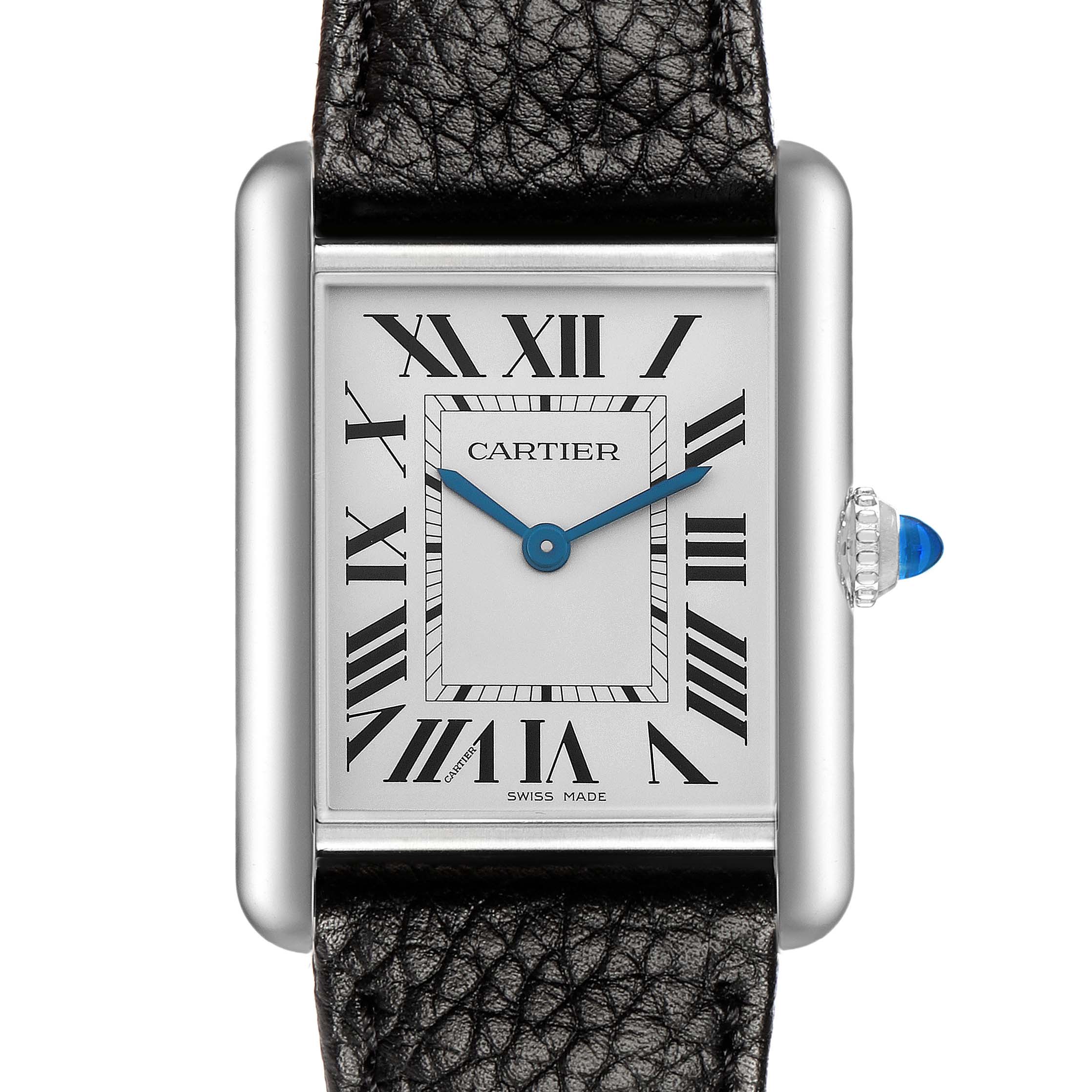 The image shows a Cartier Tank Must WSTA0059 Women's Stainless Steel Silver Dial watch face-on, displaying its Roman numerals, blue hands, and leather strap.