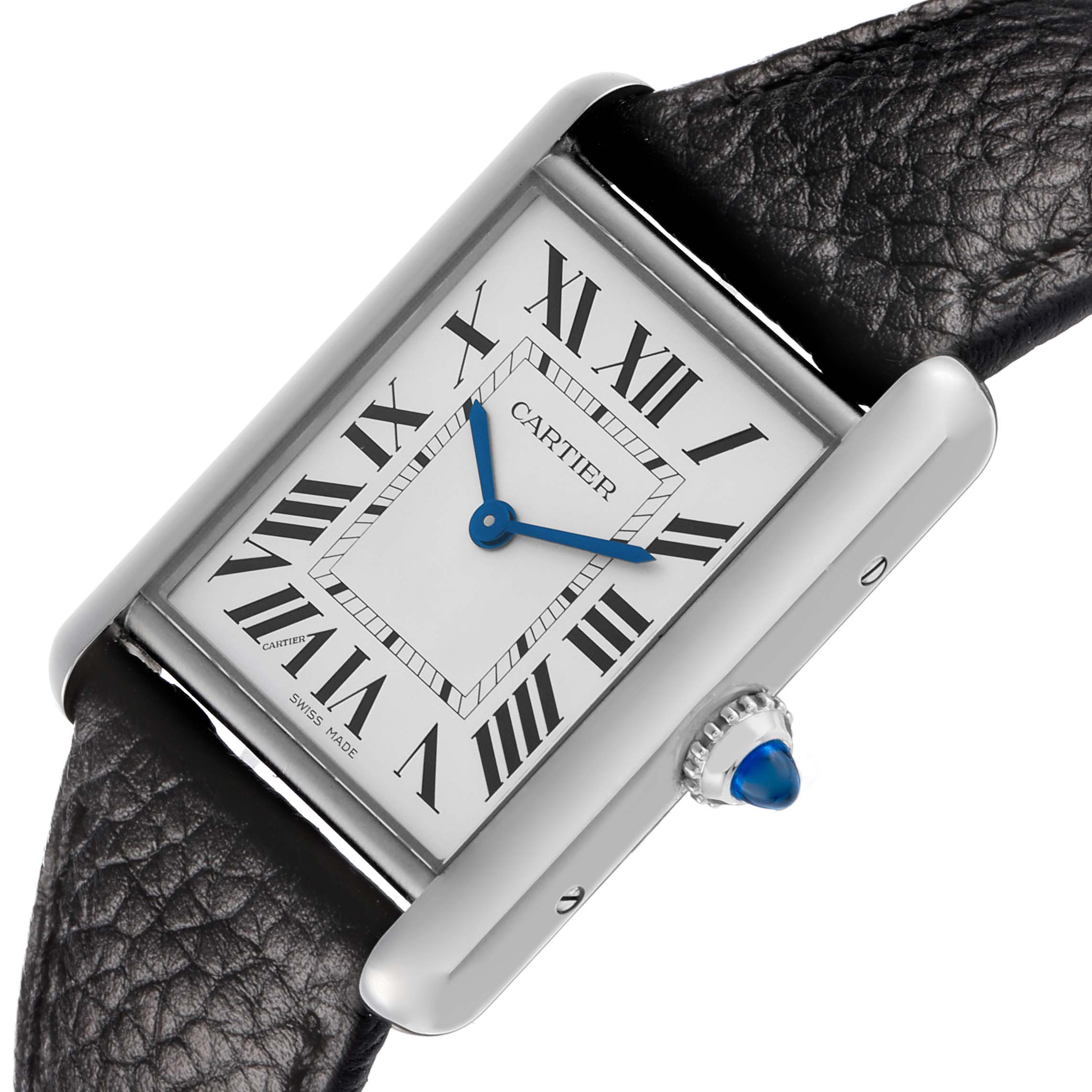The Cartier Tank Must WSTA0059 Women's Stainless Steel Silver Dial watch is shown from an angled top-down view, highlighting the dial, crown, and leather strap.