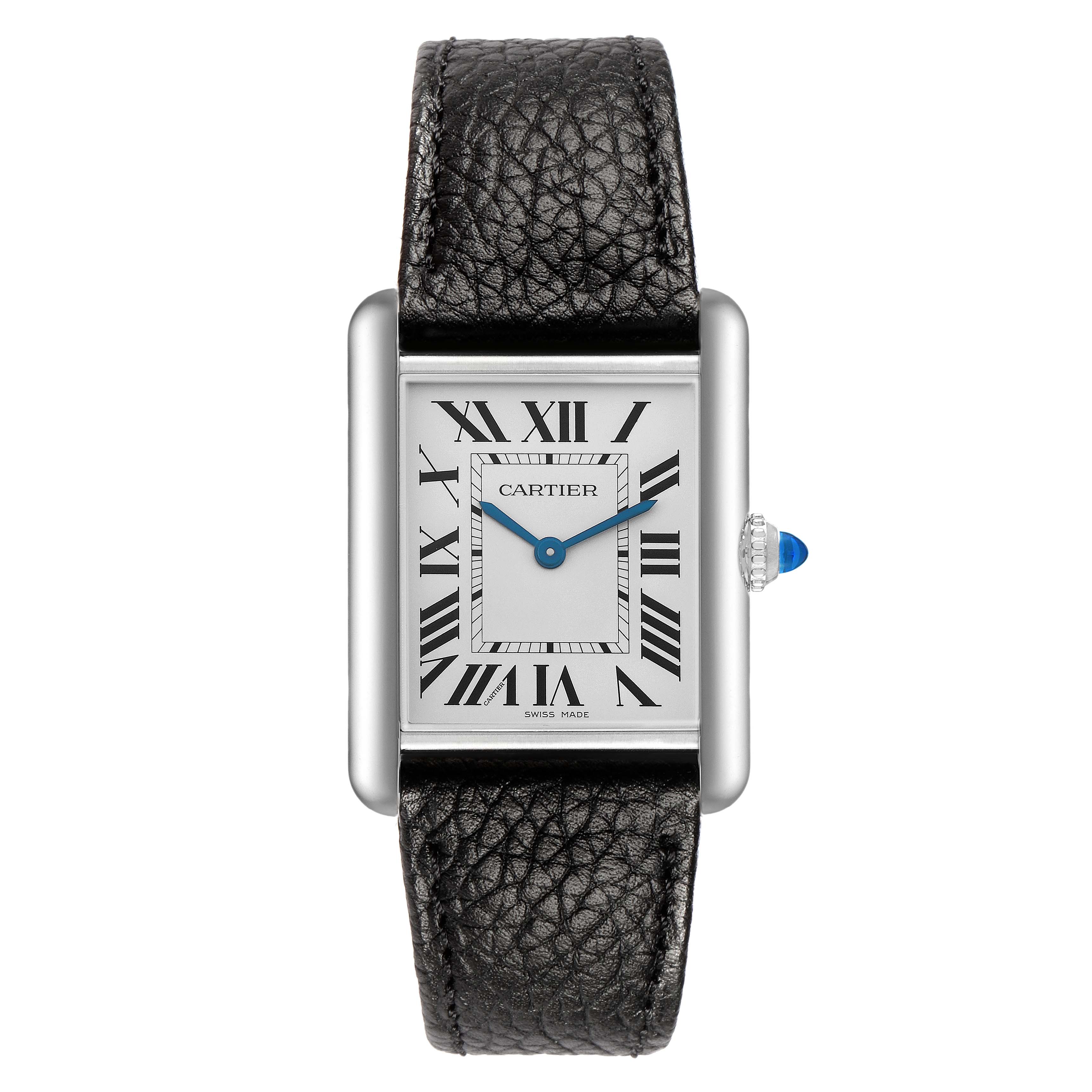 The Cartier Tank Must WSTA0059 Women's Stainless Steel Silver Dial watch is shown from a top-down angle, displaying its face, Roman numerals, hands, and leather strap.