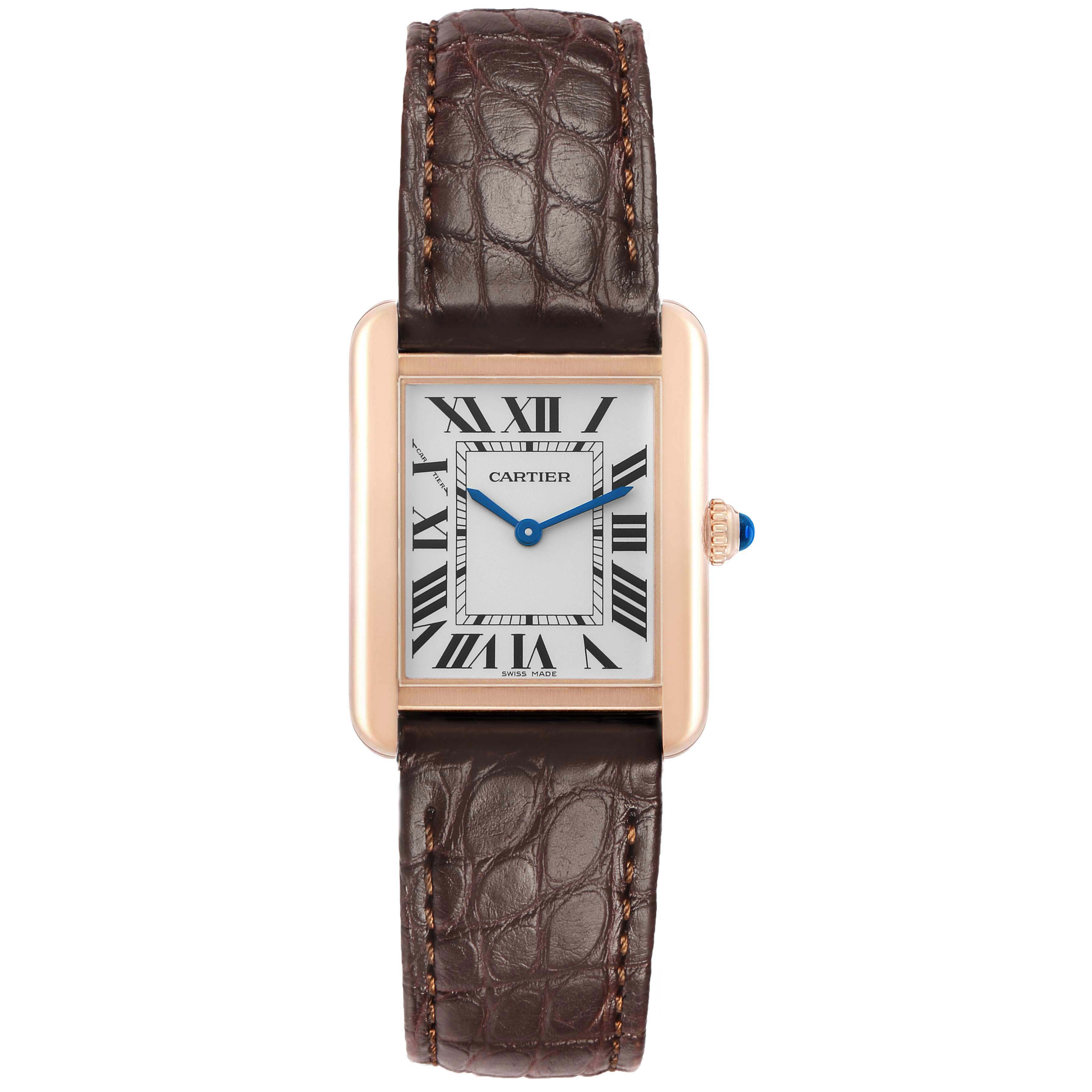 The Cartier Tank Solo W5200024 Women's Rose Gold Silver Dial watch is shown from the front, displaying its rectangular face, Roman numerals, and brown leather strap.
