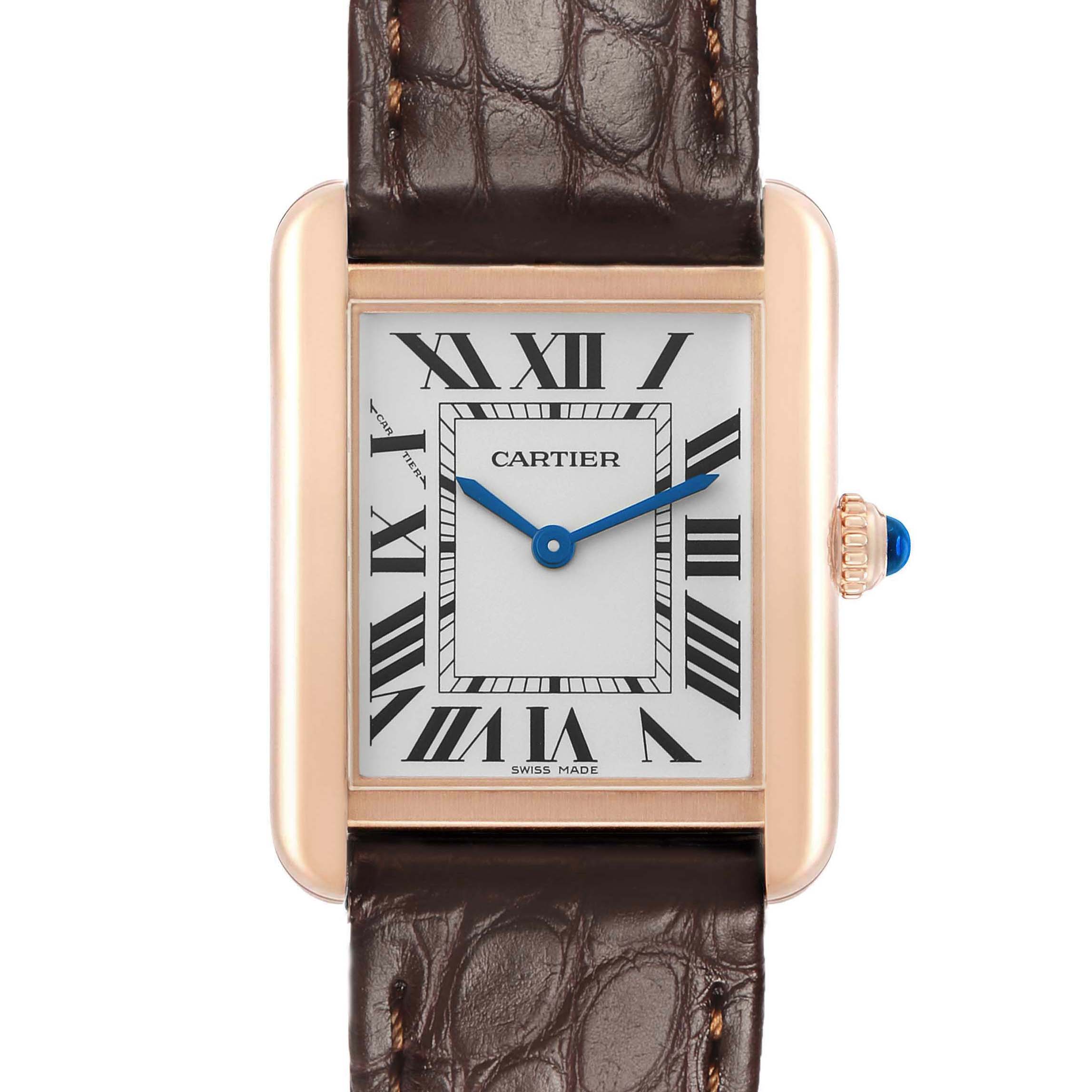 The Cartier Tank Solo W5200024 Women's Rose Gold Silver Dial watch is shown from the front, highlighting its rectangular face, Roman numerals, and leather strap.
