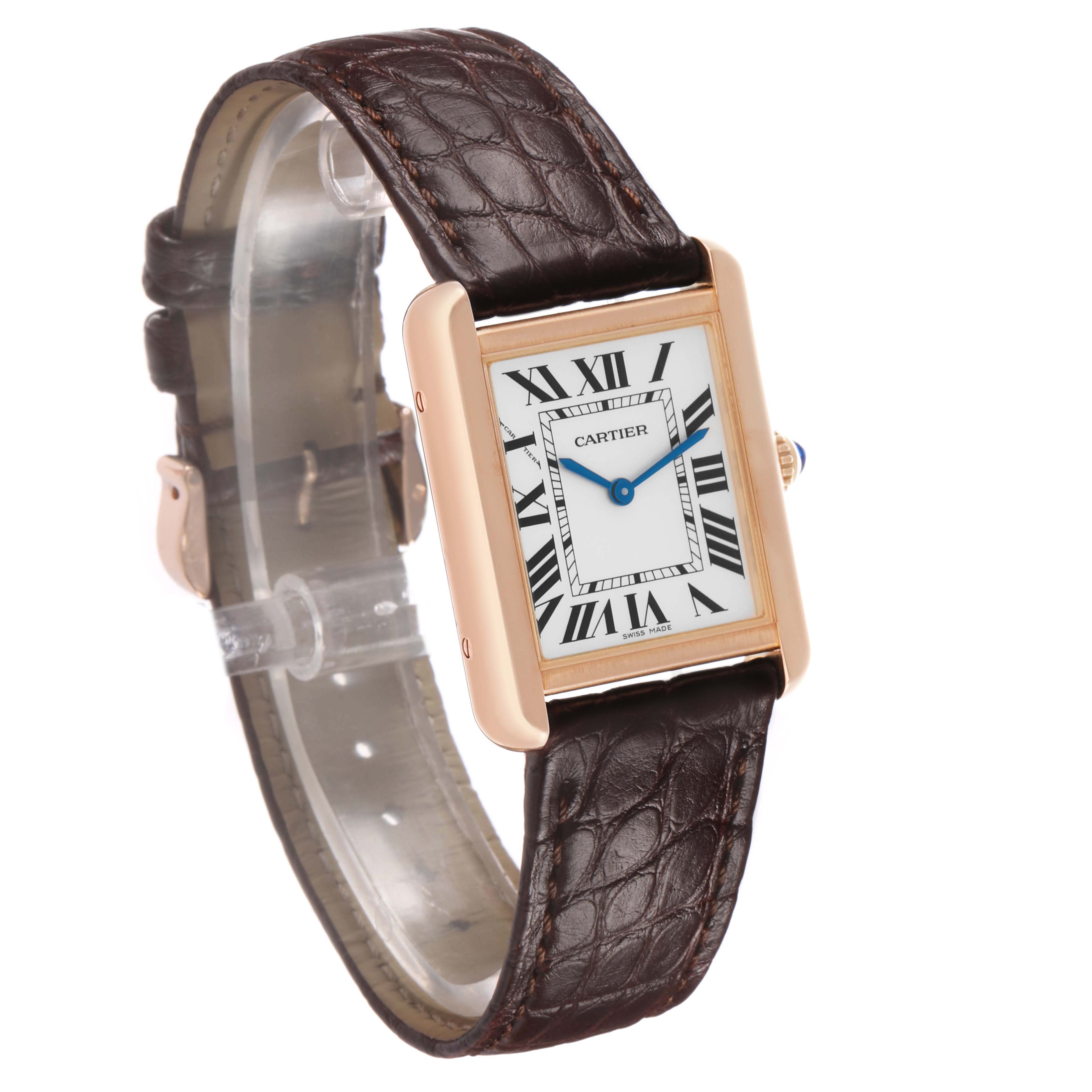The Cartier Tank Solo W5200024 Women's Rose Gold Silver Dial watch is shown at a three-quarter angle, highlighting its rectangular case and leather strap.