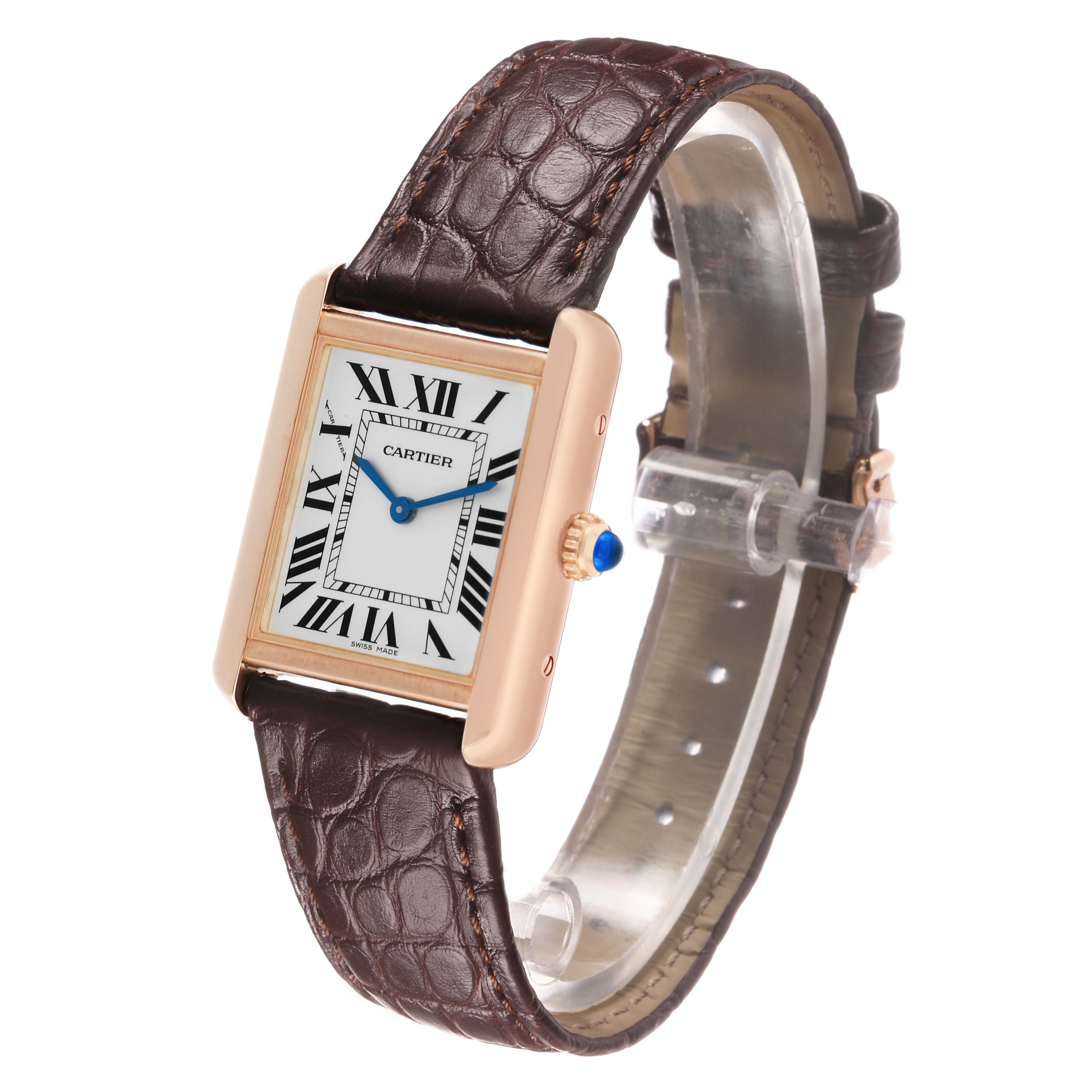 The Cartier Tank Solo W5200024 Women's Rose Gold Silver Dial watch is shown at a three-quarter angle, highlighting its face, Roman numerals, brown leather strap, and crown.