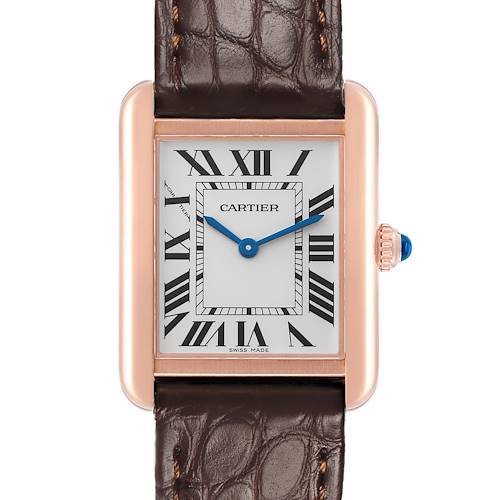 The Cartier Tank Solo W5200024 Women's Rose Gold Silver Dial watch is shown from a front angle, highlighting the face, Roman numerals, and leather strap.