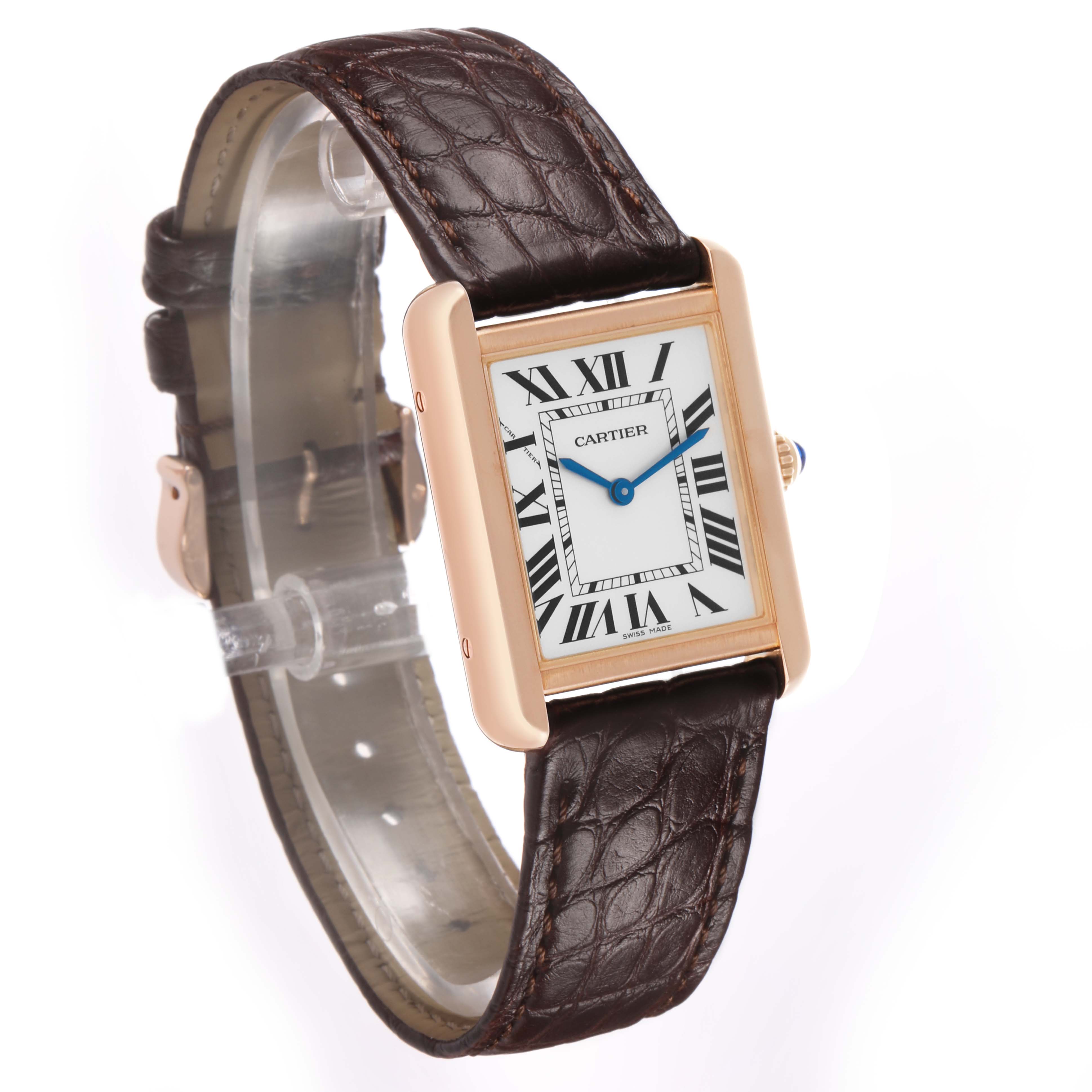 The Cartier Tank Solo W5200024 Women's Rose Gold Silver Dial watch is shown from a three-quarter angle, displaying the face, strap, and crown.