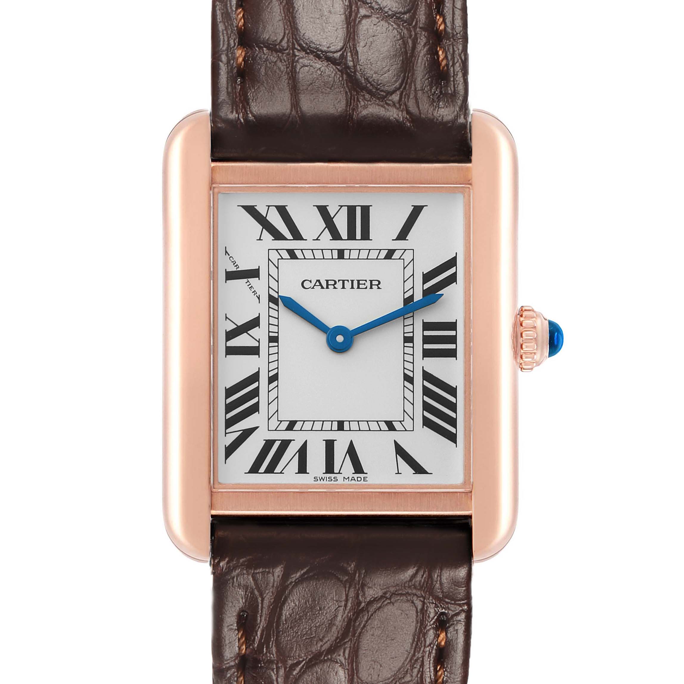 The Cartier Tank Solo W5200024 Women's Rose Gold Silver Dial watch is shown from the front, highlighting its dial, Roman numerals, and brown leather strap.