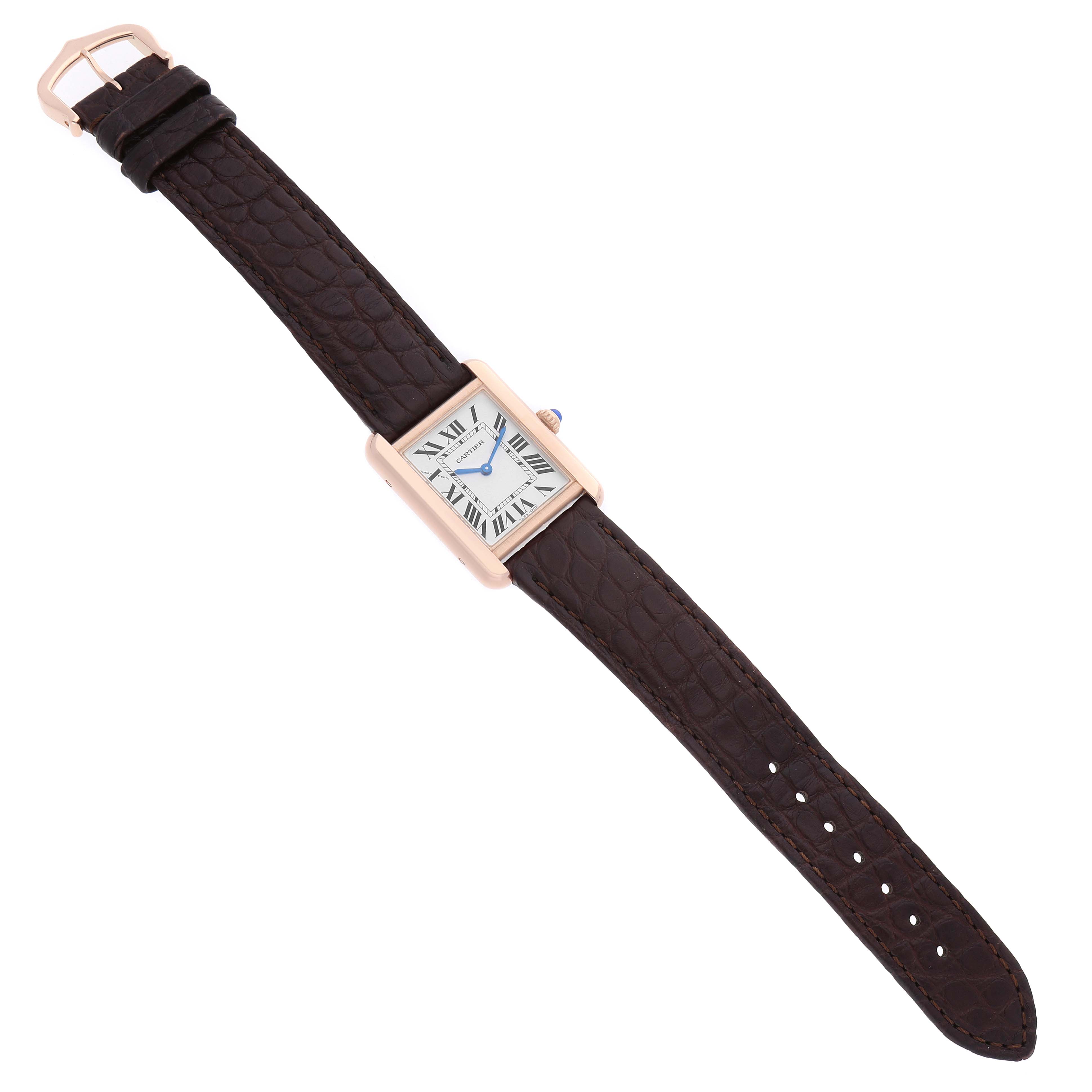 The Cartier Tank Solo W5200024 Women's Rose Gold Silver Dial watch is pictured from a top-down angle, showing its rectangular face and leather strap.