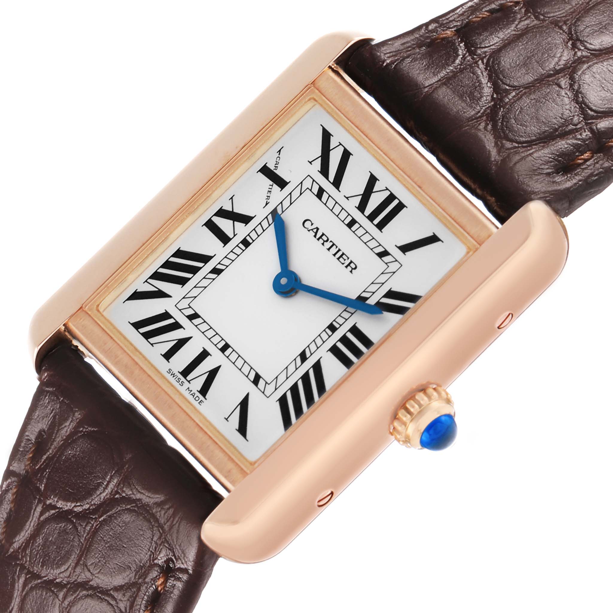 The image shows a Cartier Tank Solo W5200024 Women's Rose Gold Silver Dial watch at a slight angle, highlighting the dial, case, crown, and leather strap.