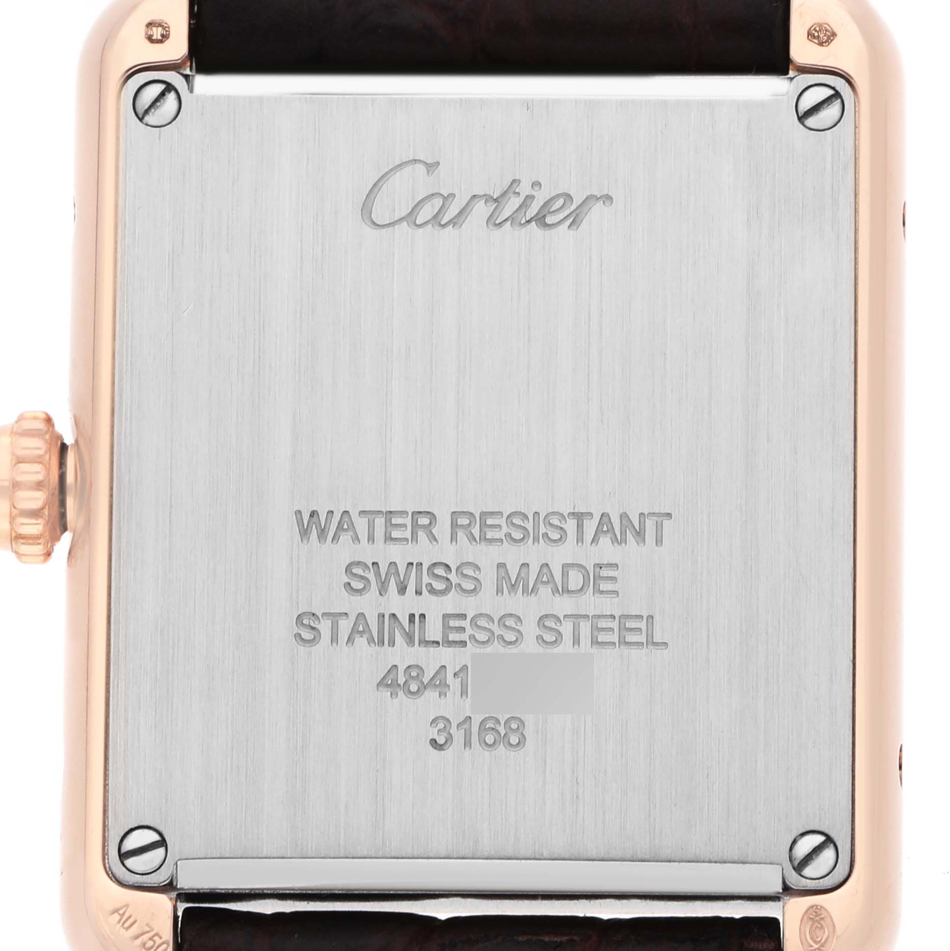 The image shows the back case of a Cartier Tank Solo W5200024 Women's Rose Gold Silver Dial watch, highlighting its stainless steel and water-resistant features.