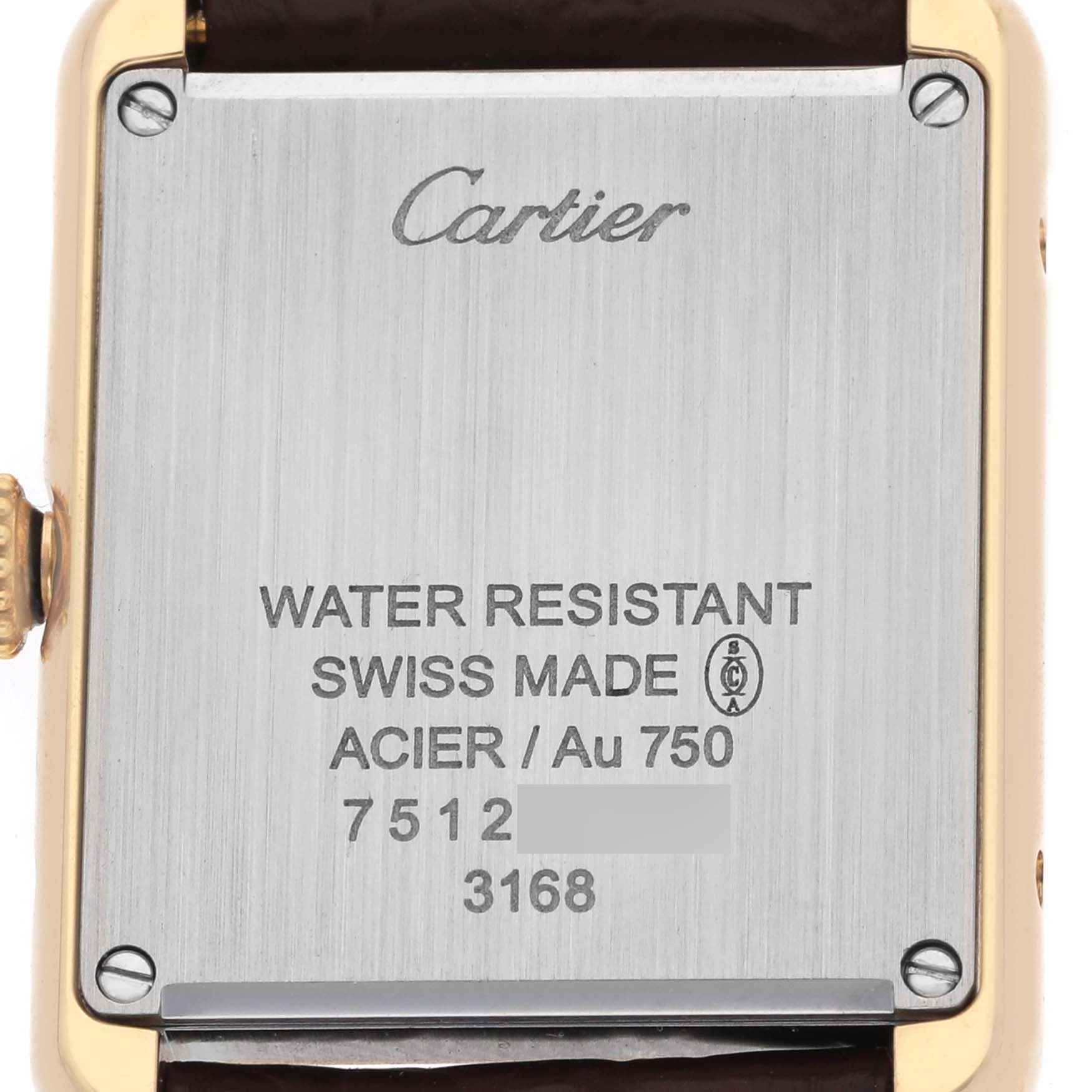 The image shows the back of the Cartier Tank Solo W5200024 Women's Rose Gold Silver Dial watch, highlighting the brand, model details, and screws.