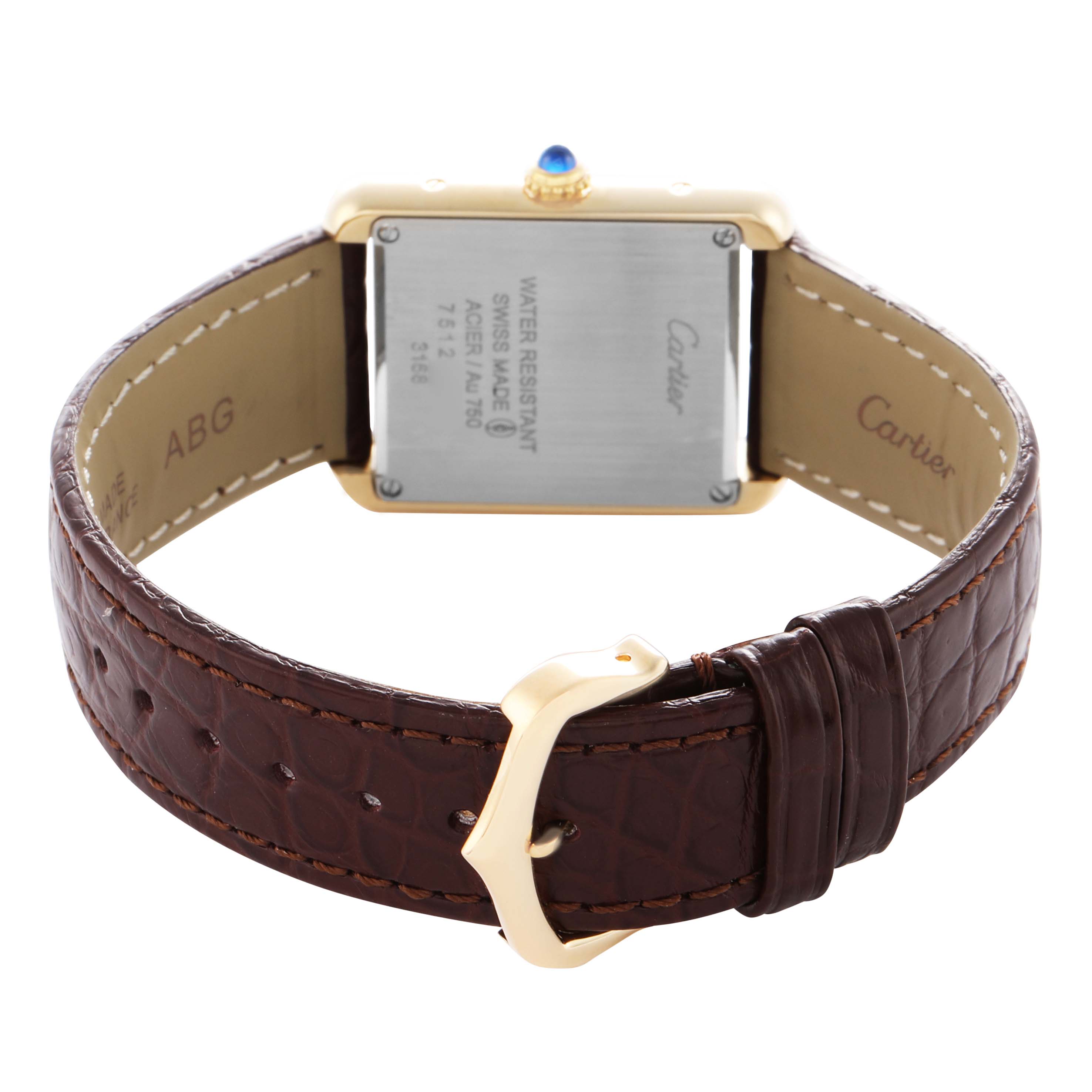 The Cartier Tank Solo W5200024 Women's Rose Gold Silver Dial watch is shown from the back, highlighting its case back, crown, and leather strap with a buckle.