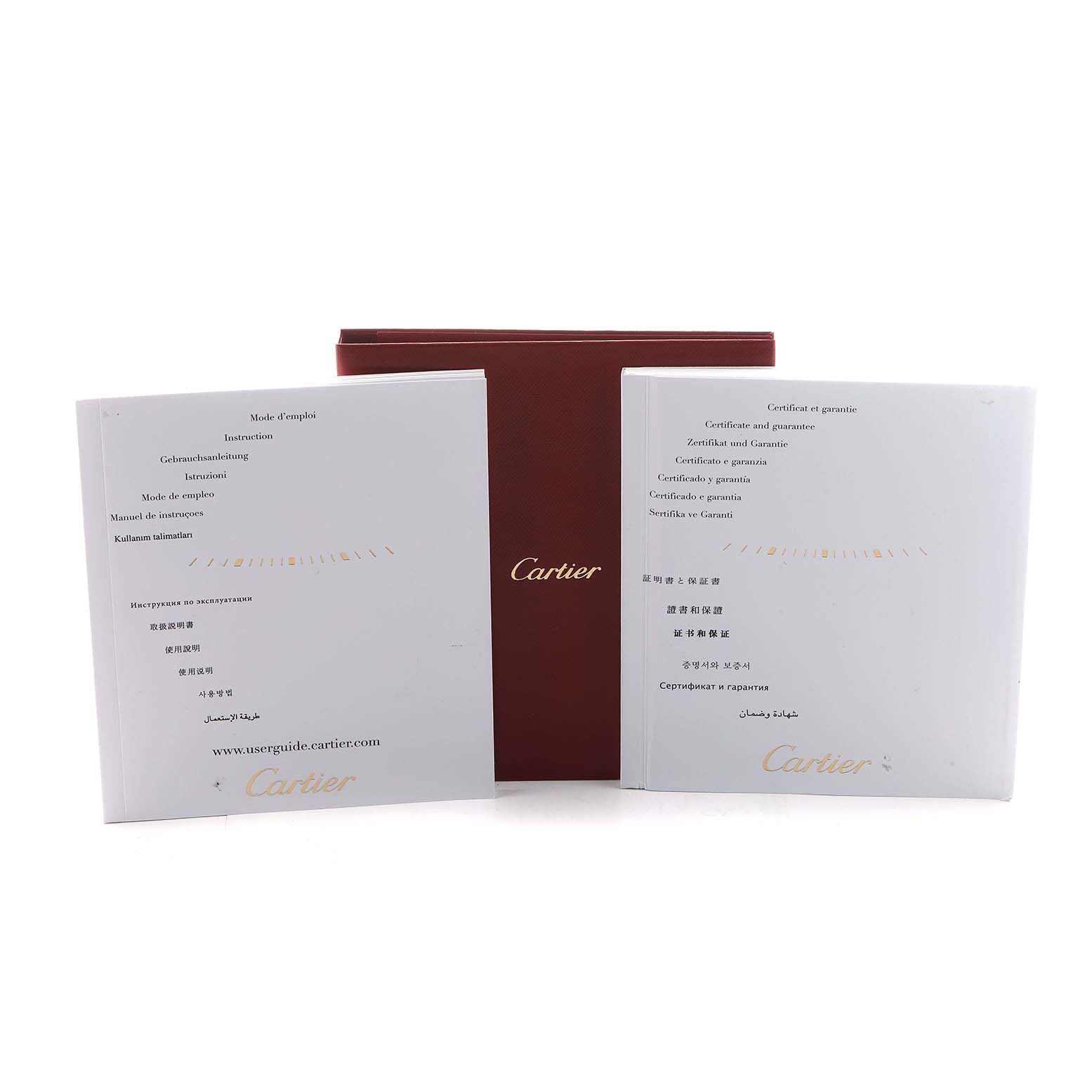 The image shows the Cartier Tank Solo W5200024 Women's Rose Gold Silver Dial watch's manuals and warranty booklets with a red brand envelope.