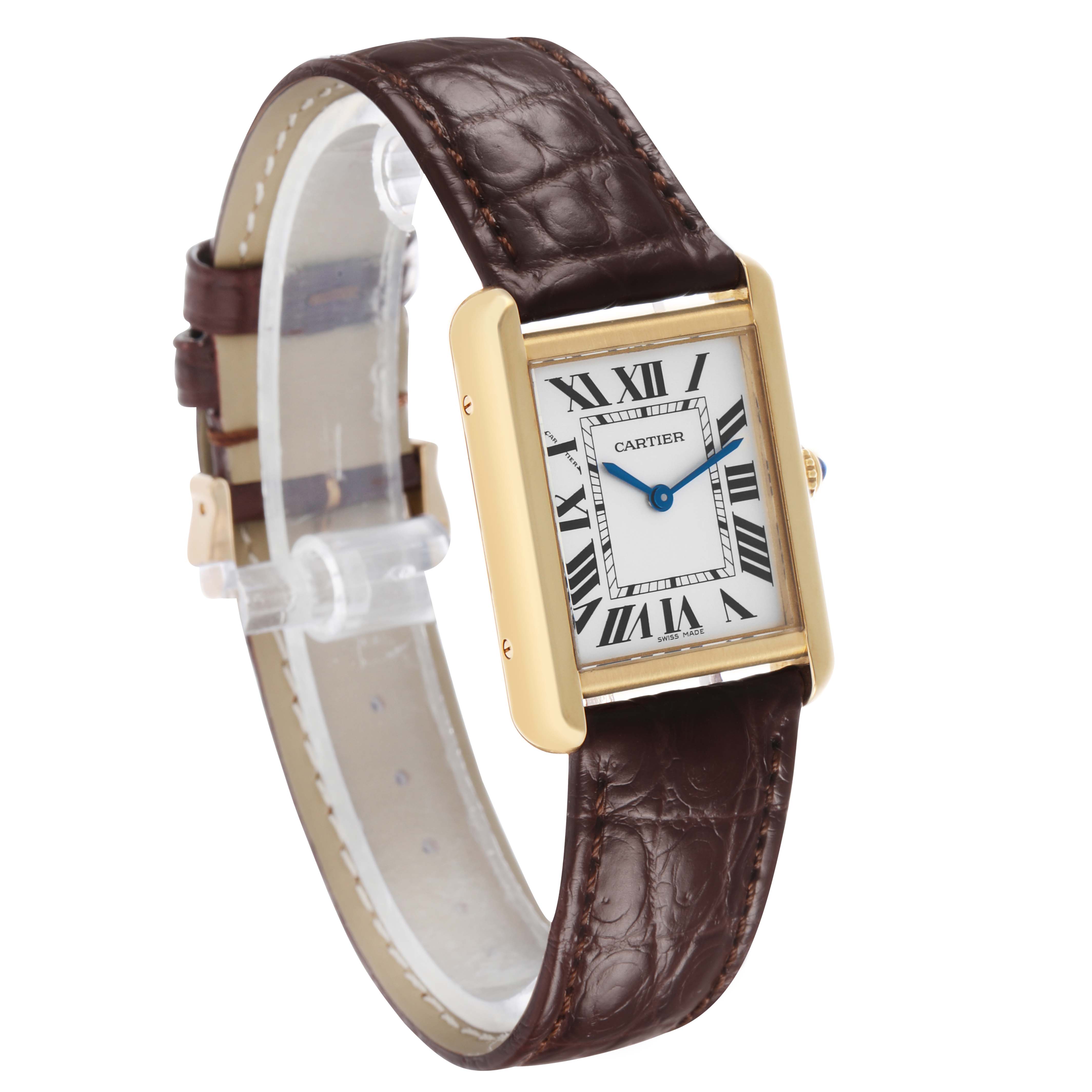 The Cartier Tank Solo W5200024 Women's Rose Gold Silver Dial watch is shown at a three-quarter angle, displaying the case, dial, and strap.