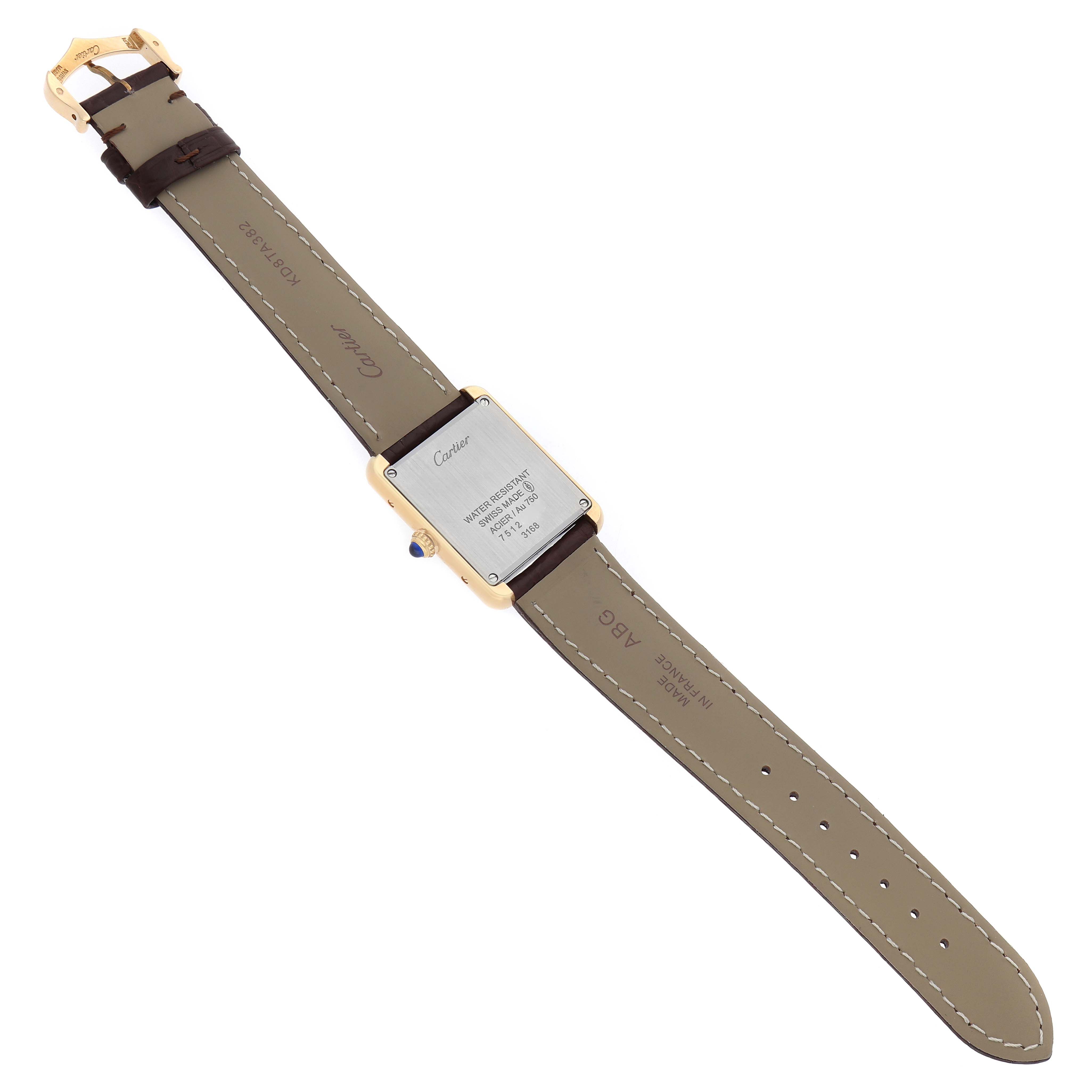 The image shows the back view of a Cartier Tank Solo W5200024 Women's Rose Gold Silver Dial watch, highlighting its case back and leather strap.