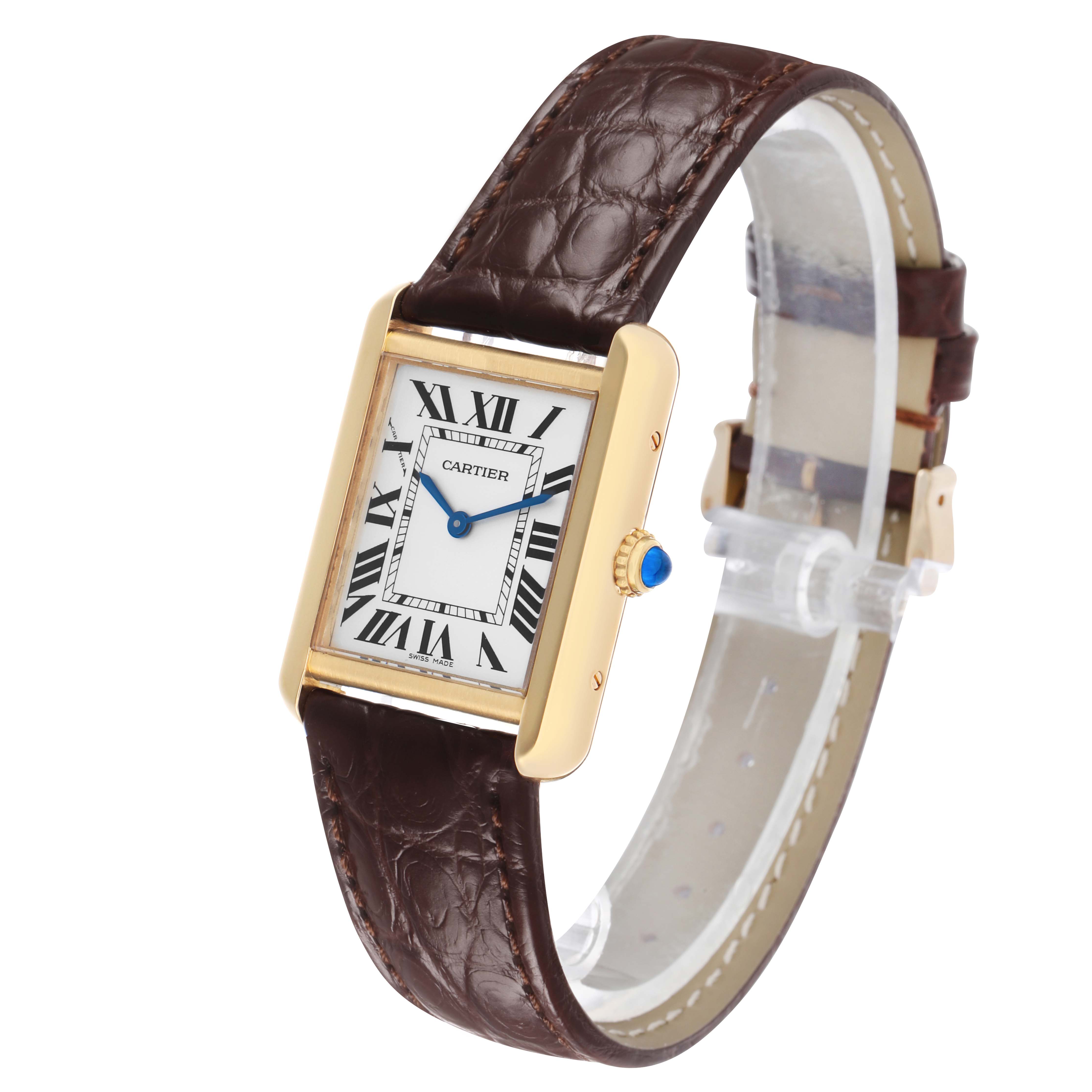 The Cartier Tank Solo W5200024 Women's Rose Gold Silver Dial watch is shown from a three-quarter angle, highlighting the face, crown, and leather strap.