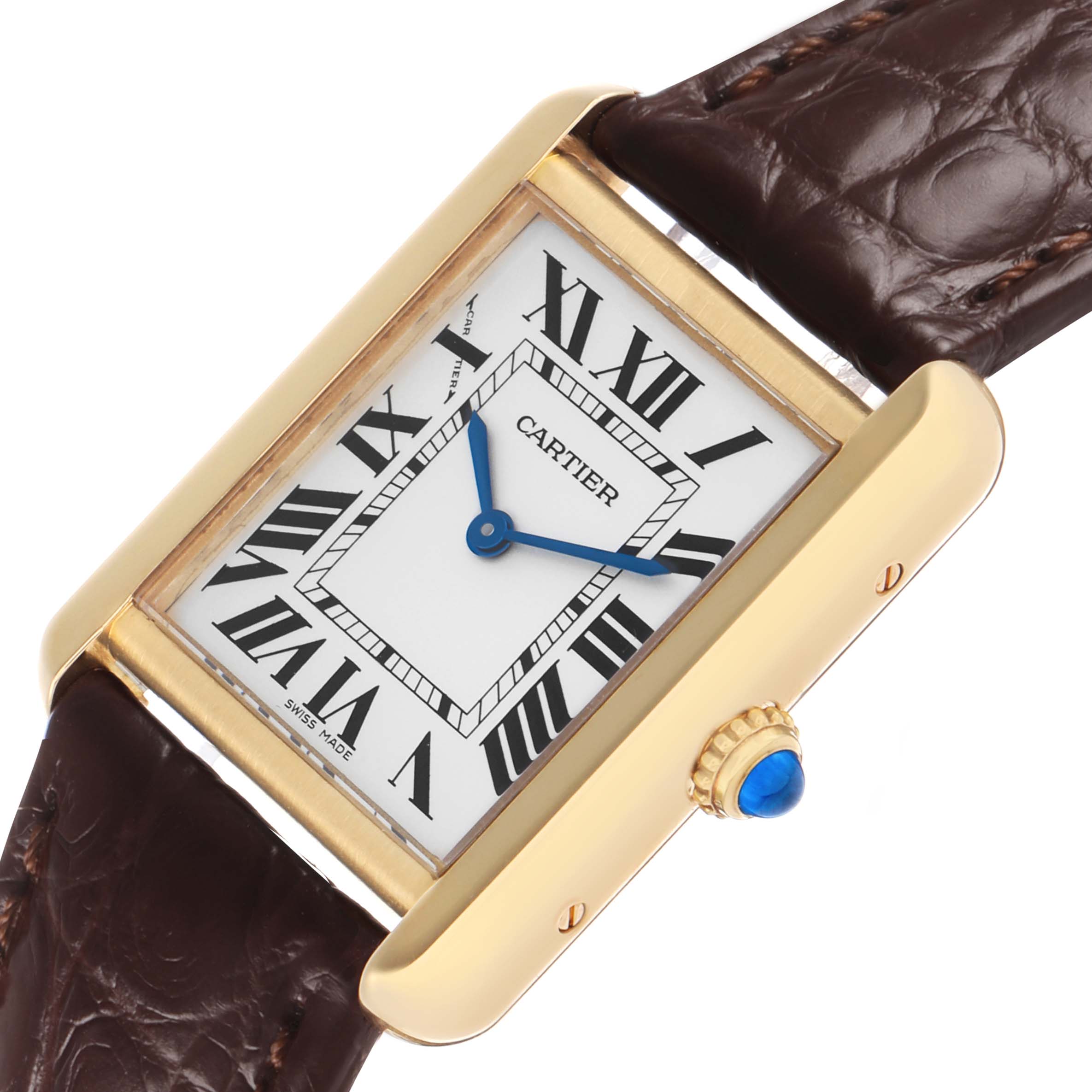 The Cartier Tank Solo W5200024 Women's Rose Gold Silver Dial watch is shown at a slight angle, highlighting the face, case, crown, and part of the strap.