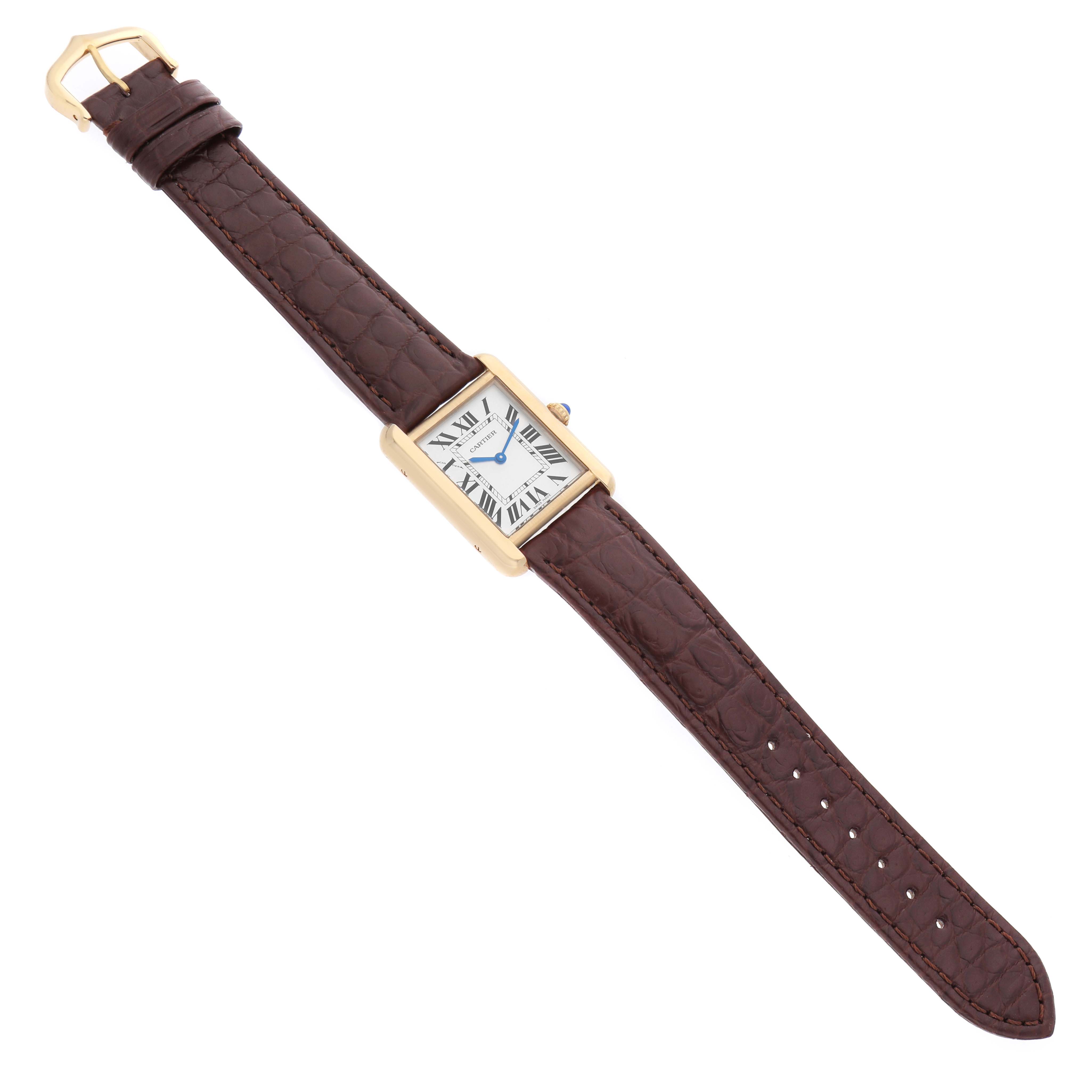 The Cartier Tank Solo W5200024 Women's Rose Gold Silver Dial watch is shown from a top view, displaying its rectangular face and complete leather strap.