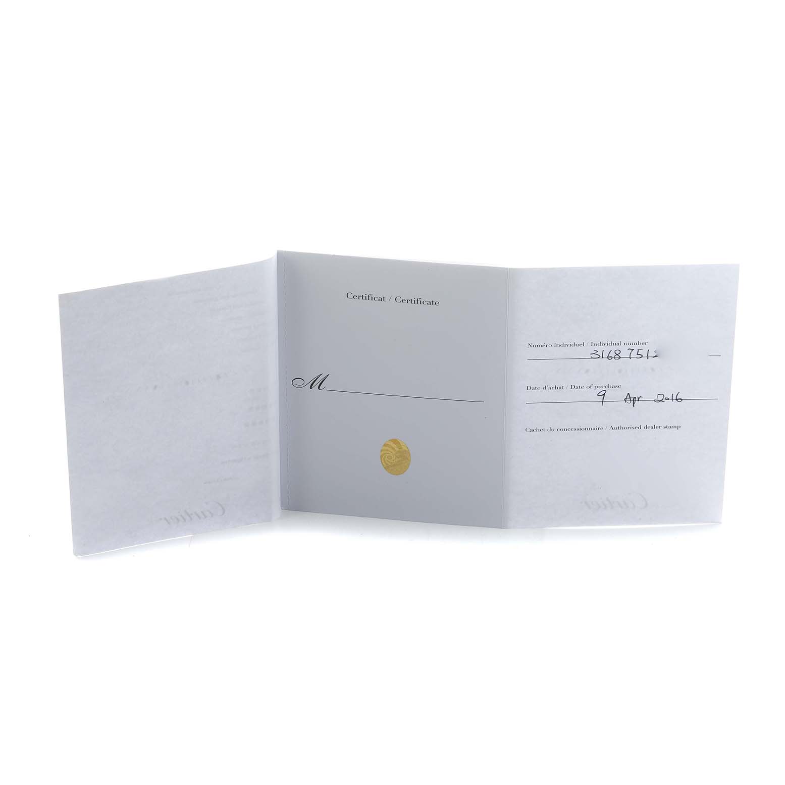 This image shows the open certification booklet for a Cartier Tank Solo W5200024 Women's Rose Gold Silver Dial watch.