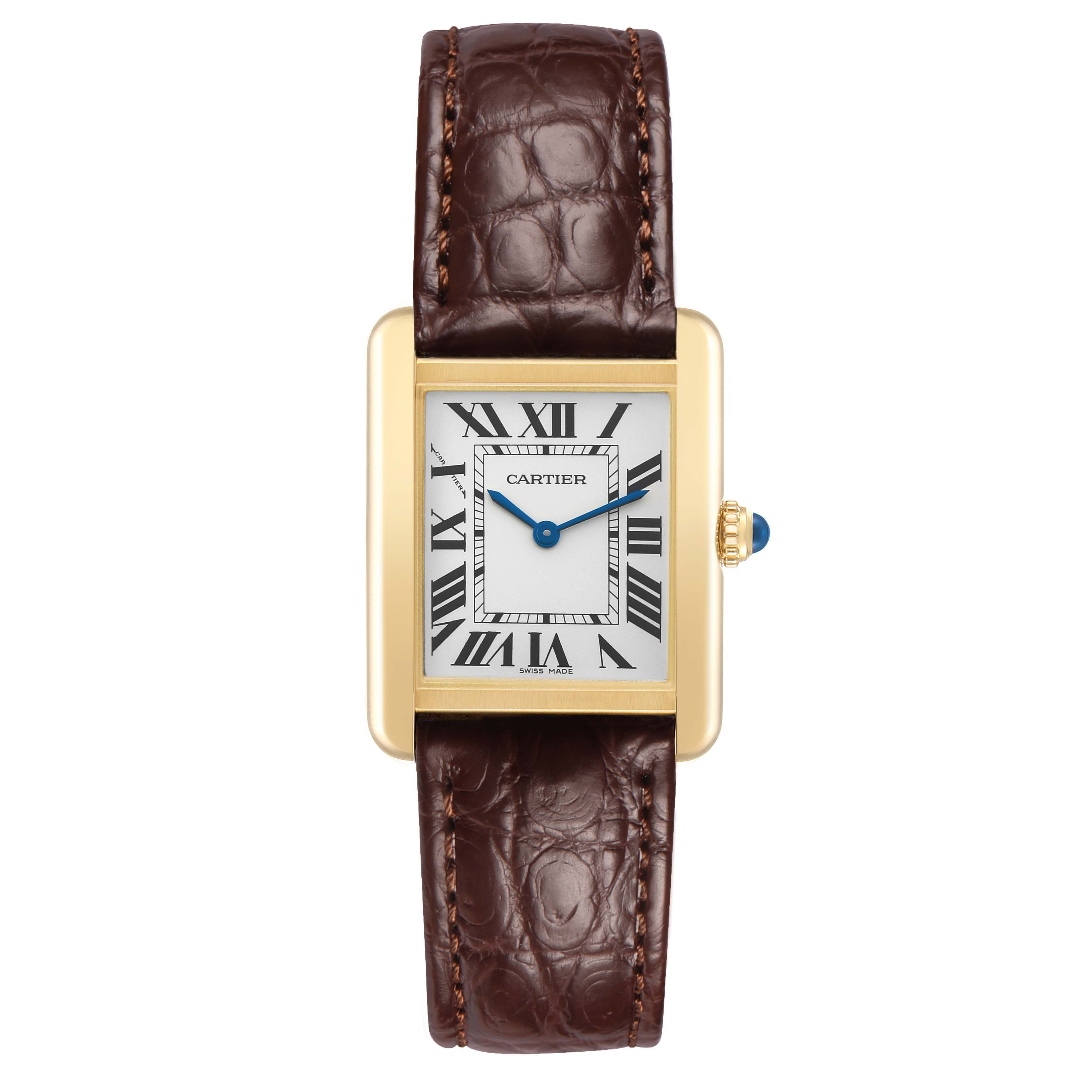 The Cartier Tank Solo W5200024 Women's Rose Gold Silver Dial watch is shown from the front, highlighting its rectangular case, Roman numerals, and brown leather strap.