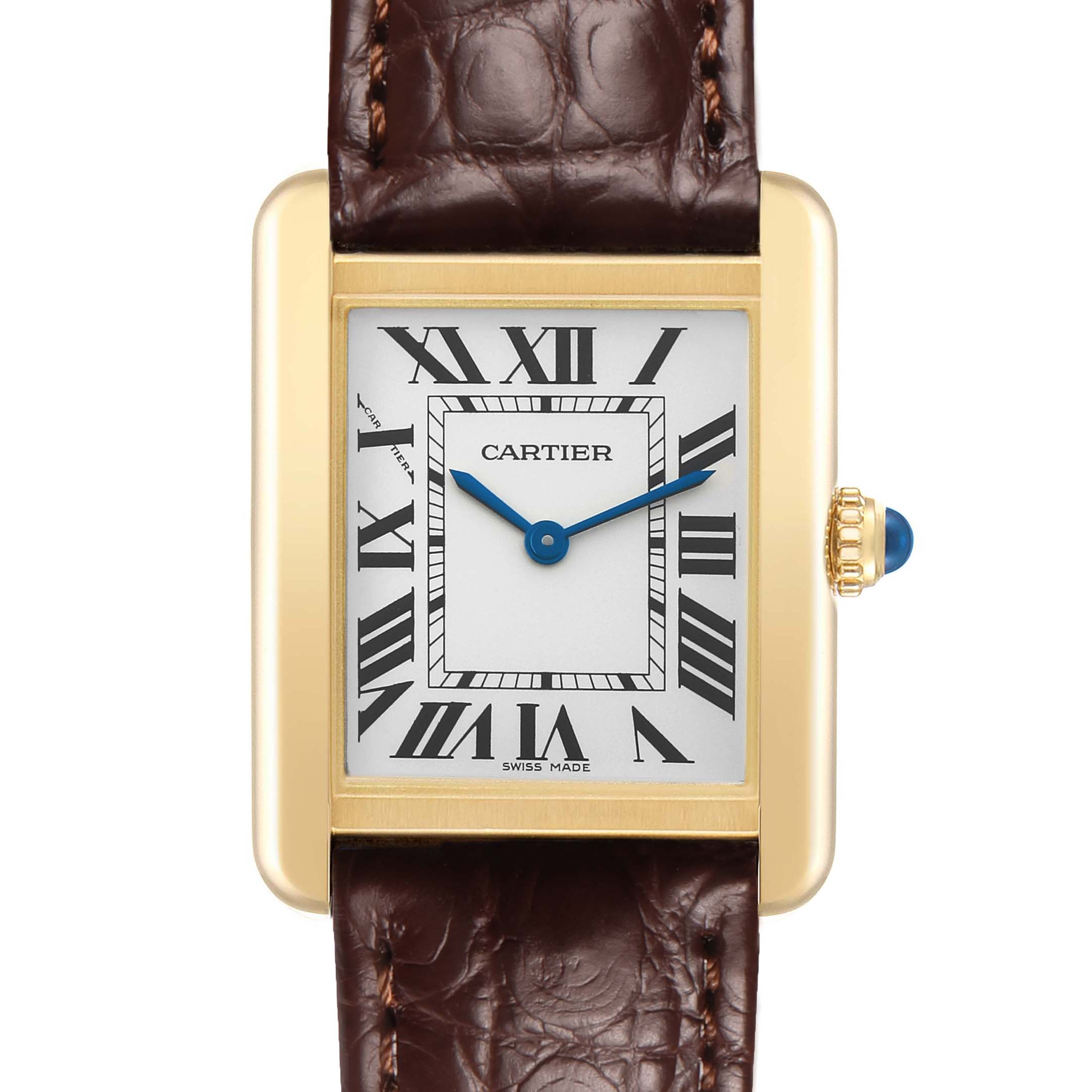 The Cartier Tank Solo W5200024 Women's Rose Gold Silver Dial watch is shown from a front angle, highlighting the face, Roman numerals, blue hands, and leather strap.