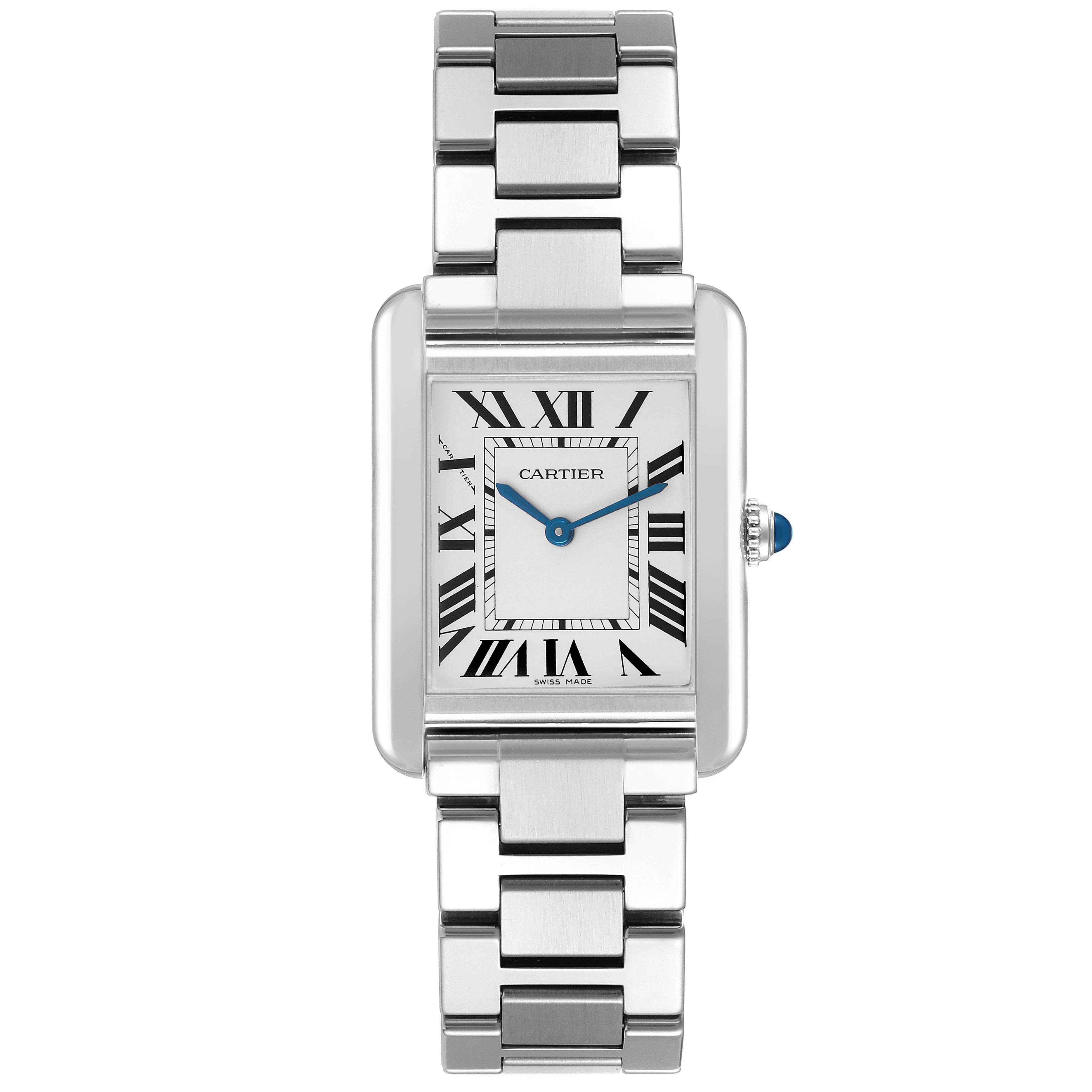 The Cartier Tank Solo W5200013 Men's Stainless Steel Silver Dial watch is shown from the front, highlighting its rectangular face, Roman numerals, and metallic bracelet.