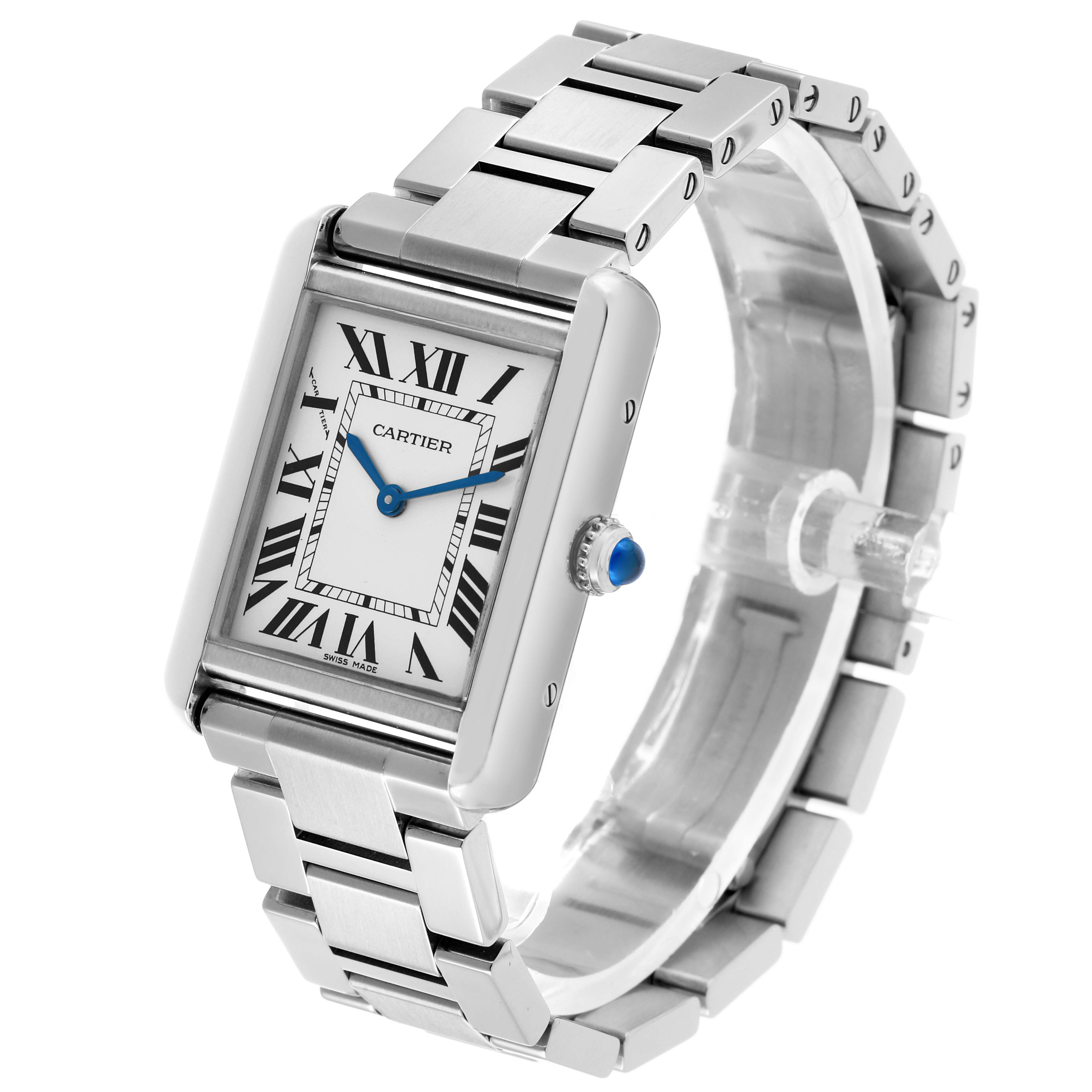 The Cartier Tank Solo W5200013 Men's Stainless Steel Silver Dial watch is shown at an angle displaying the face, crown, and metal bracelet.