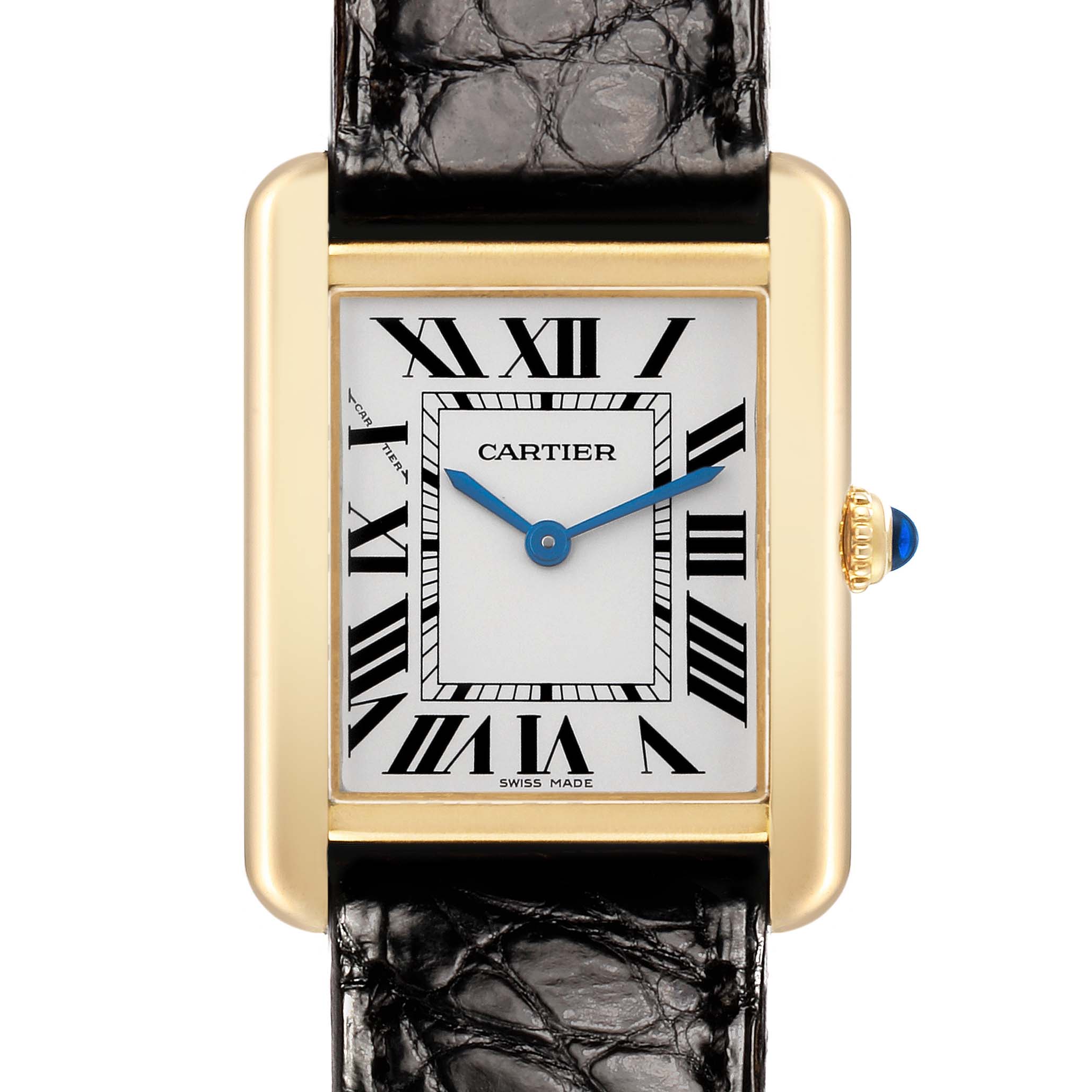 The Cartier Tank Solo W5200002 Women's Yellow Gold Silver Dial watch is shown from a front angle, highlighting the dial, Roman numerals, blue hands, and leather strap.