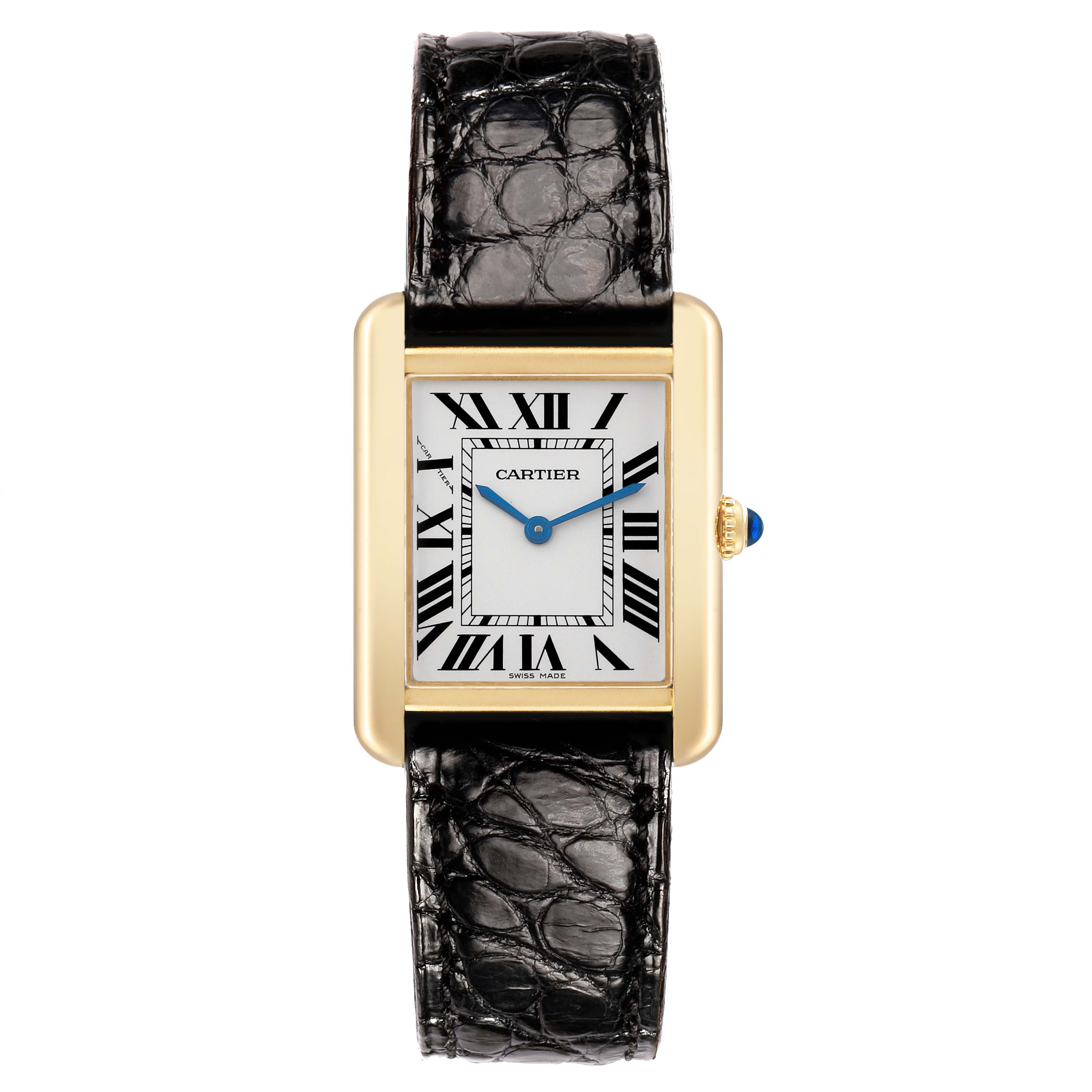 The Cartier Tank Solo W5200002 Women's Yellow Gold Silver Dial watch is shown from the front, displaying the face, Roman numerals, and alligator leather strap.
