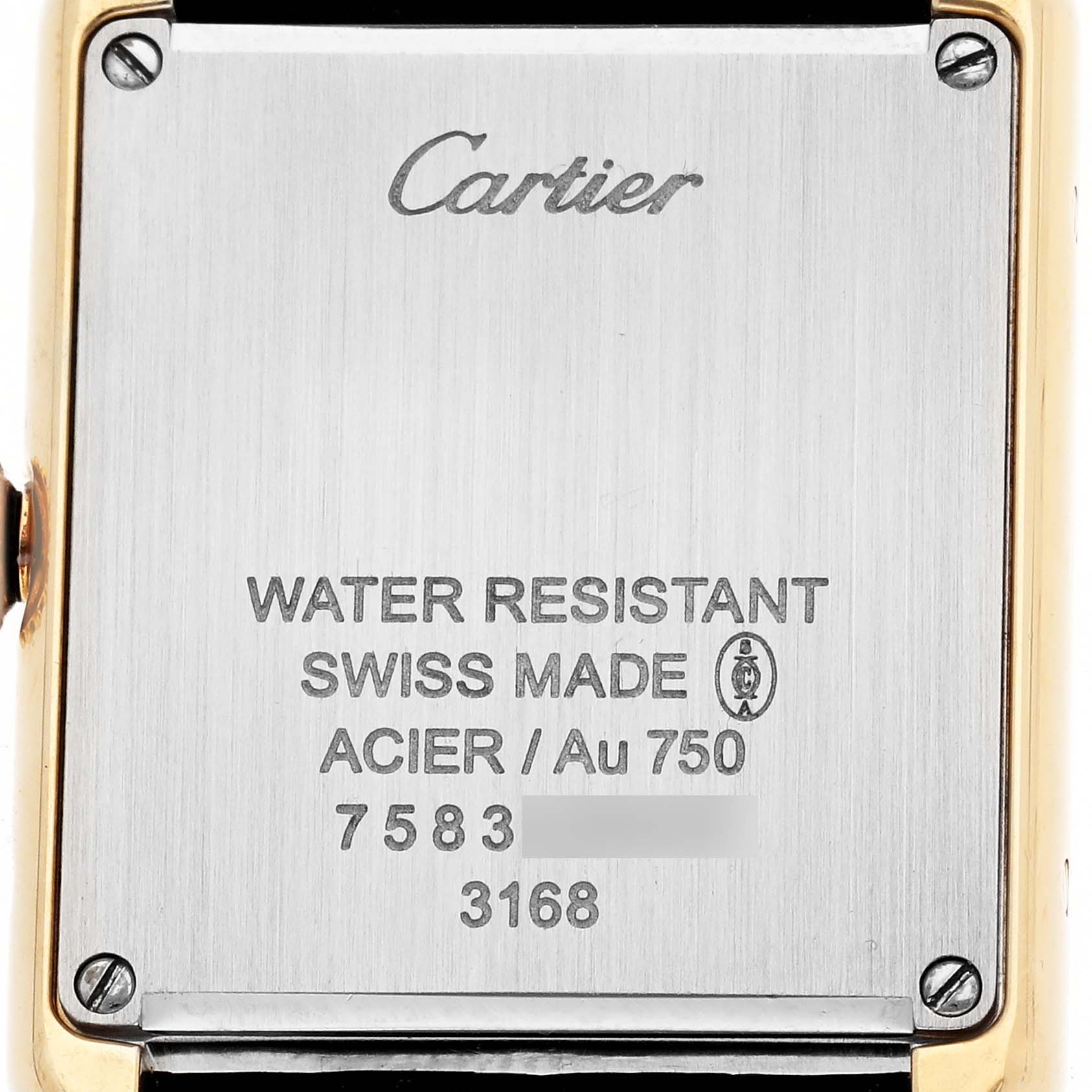 The image shows the back of a Cartier Tank Solo W5200002 Women's Yellow Gold Silver Dial watch, highlighting its water resistance and Swiss-made details.