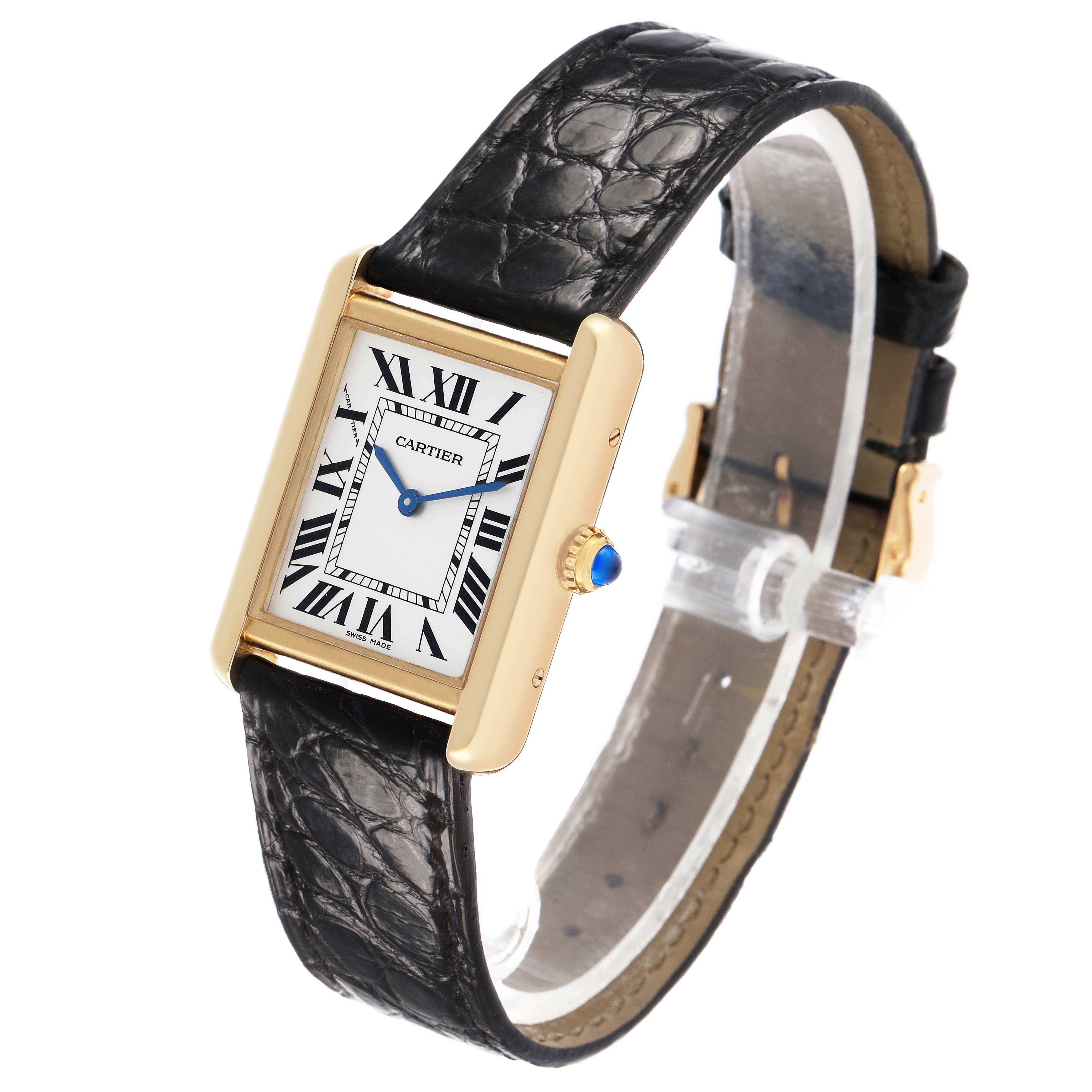 The Cartier Tank Solo W5200002 Women's Yellow Gold Silver Dial watch is shown at an angled view, highlighting the face, crown, and leather strap.