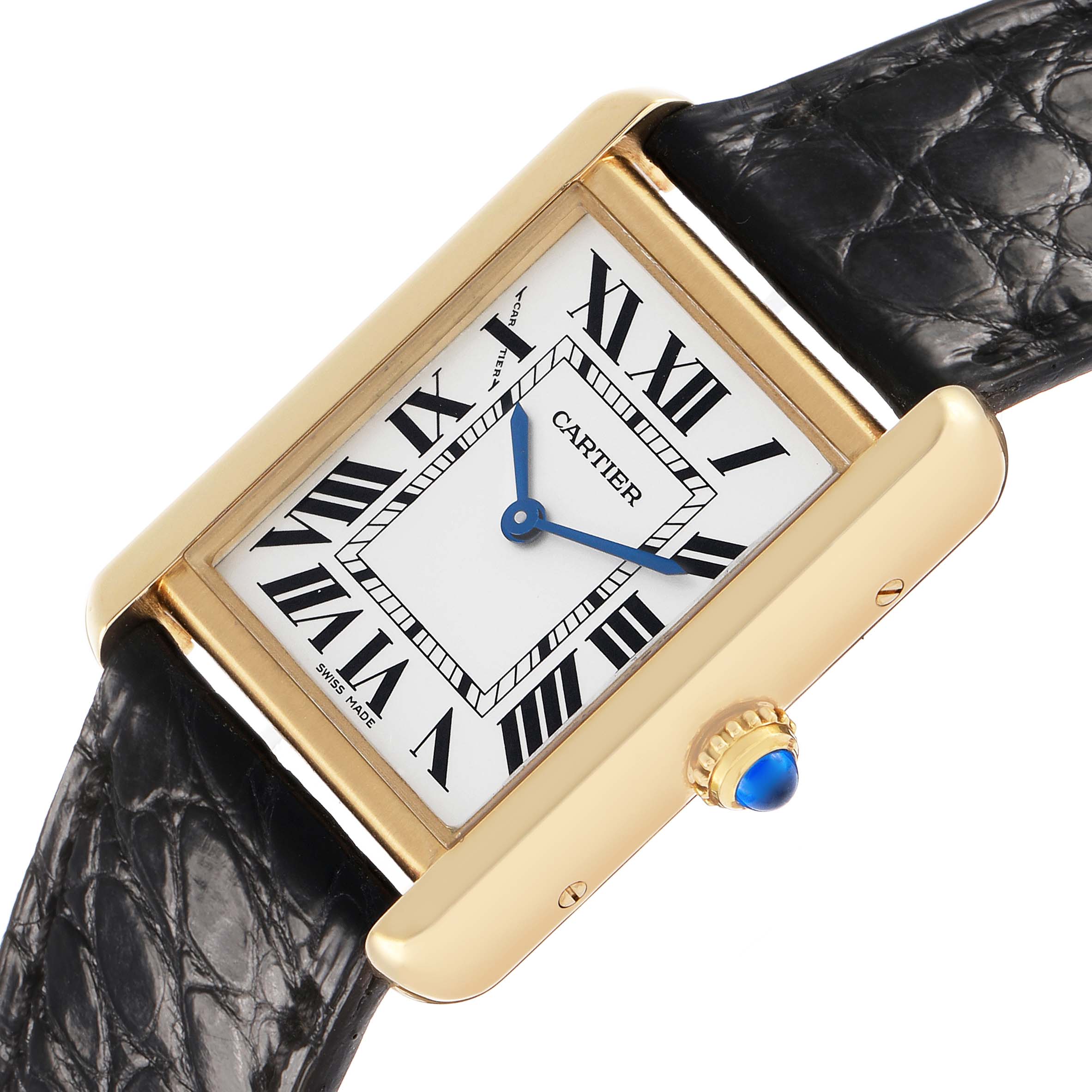 The Cartier Tank Solo W5200002 Women's Yellow Gold Silver Dial watch is shown at a slight angle, highlighting its rectangular case, dial with Roman numerals, and crown with a blue gemstone.