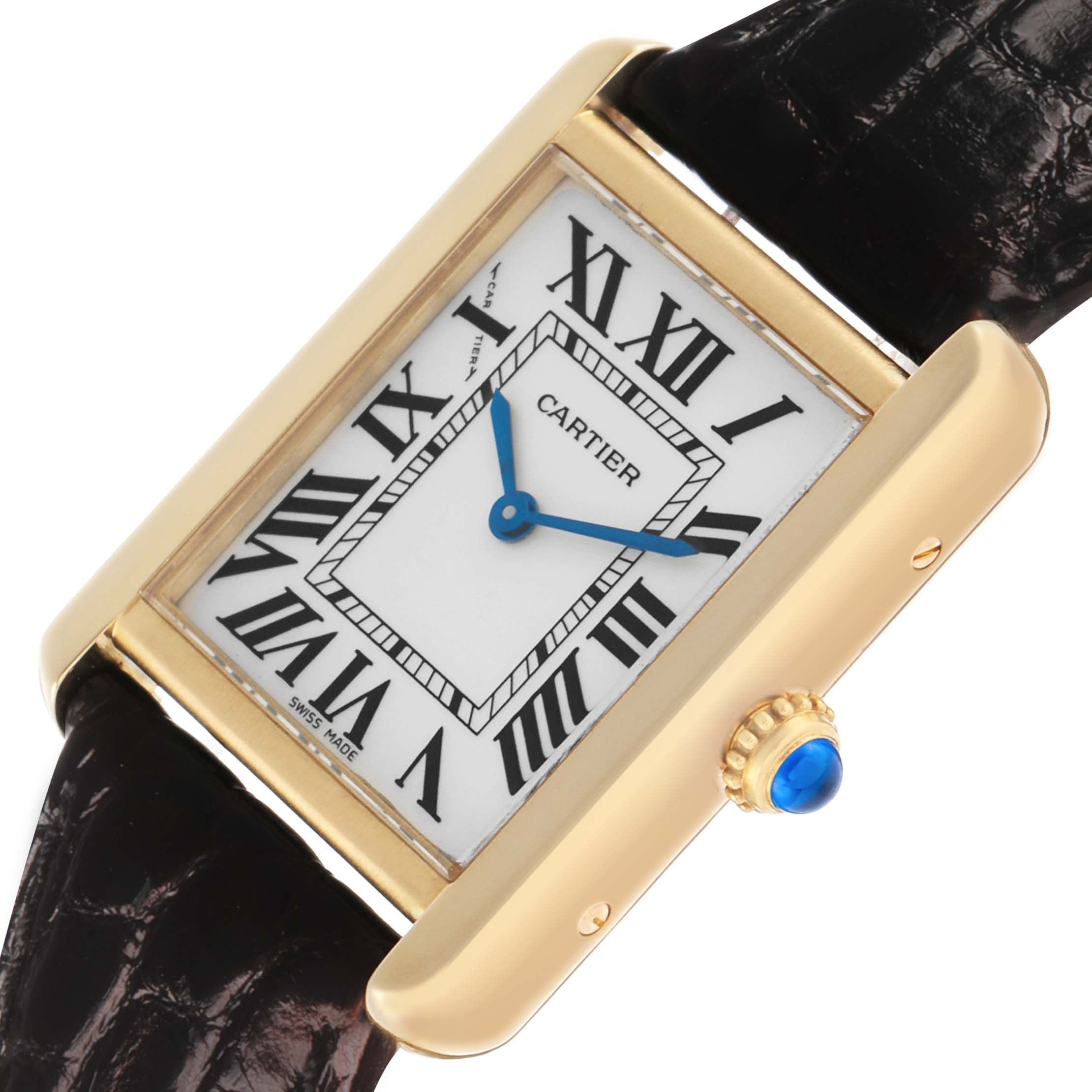 The Cartier Tank Solo W5200002 Women's Yellow Gold Silver Dial watch is shown at a slight angle, highlighting its rectangular face, Roman numerals, and crown detail.