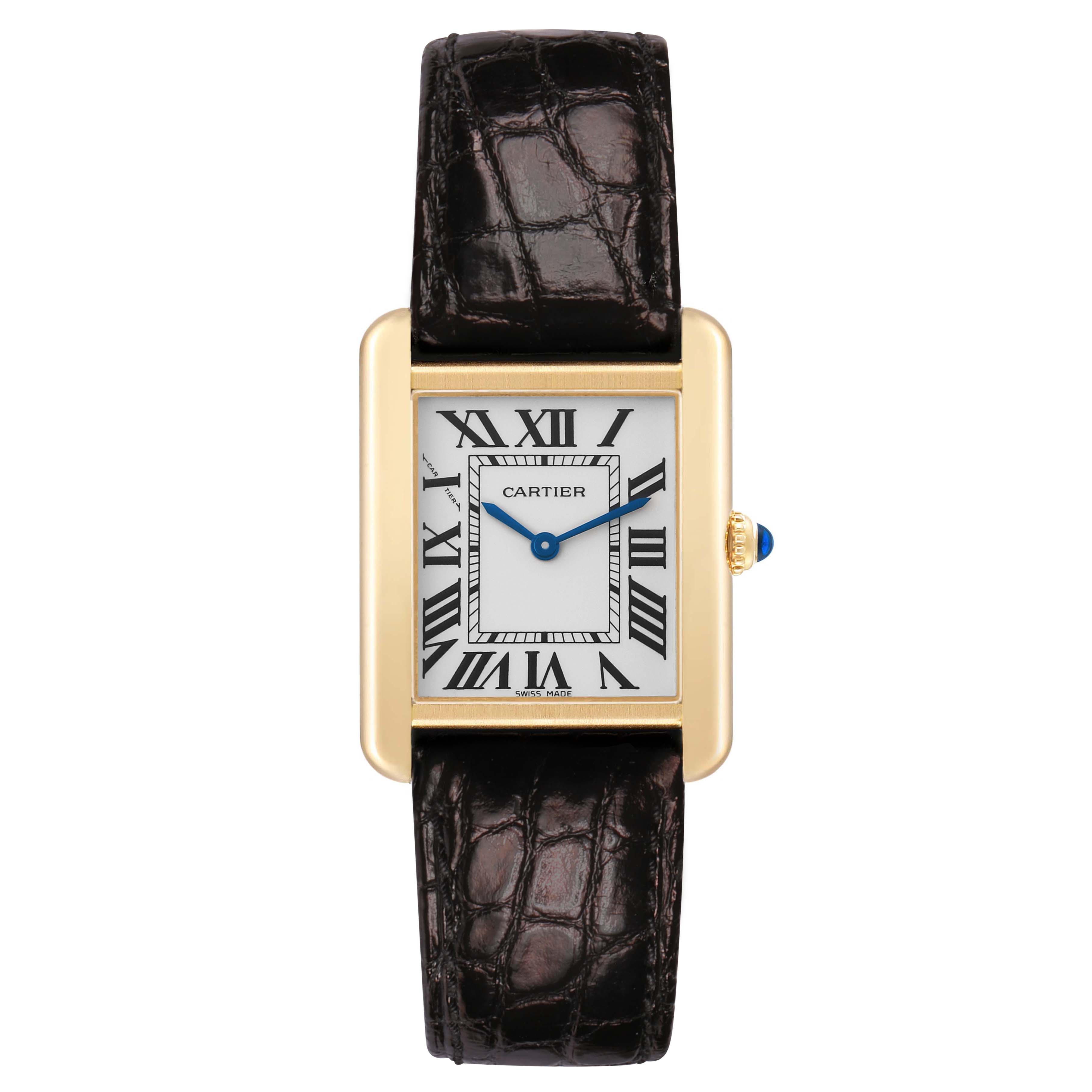 The Cartier Tank Solo W5200002 Women's Yellow Gold Silver Dial watch is shown from a top view, highlighting its rectangular dial, Roman numerals, gold case, and leather strap.