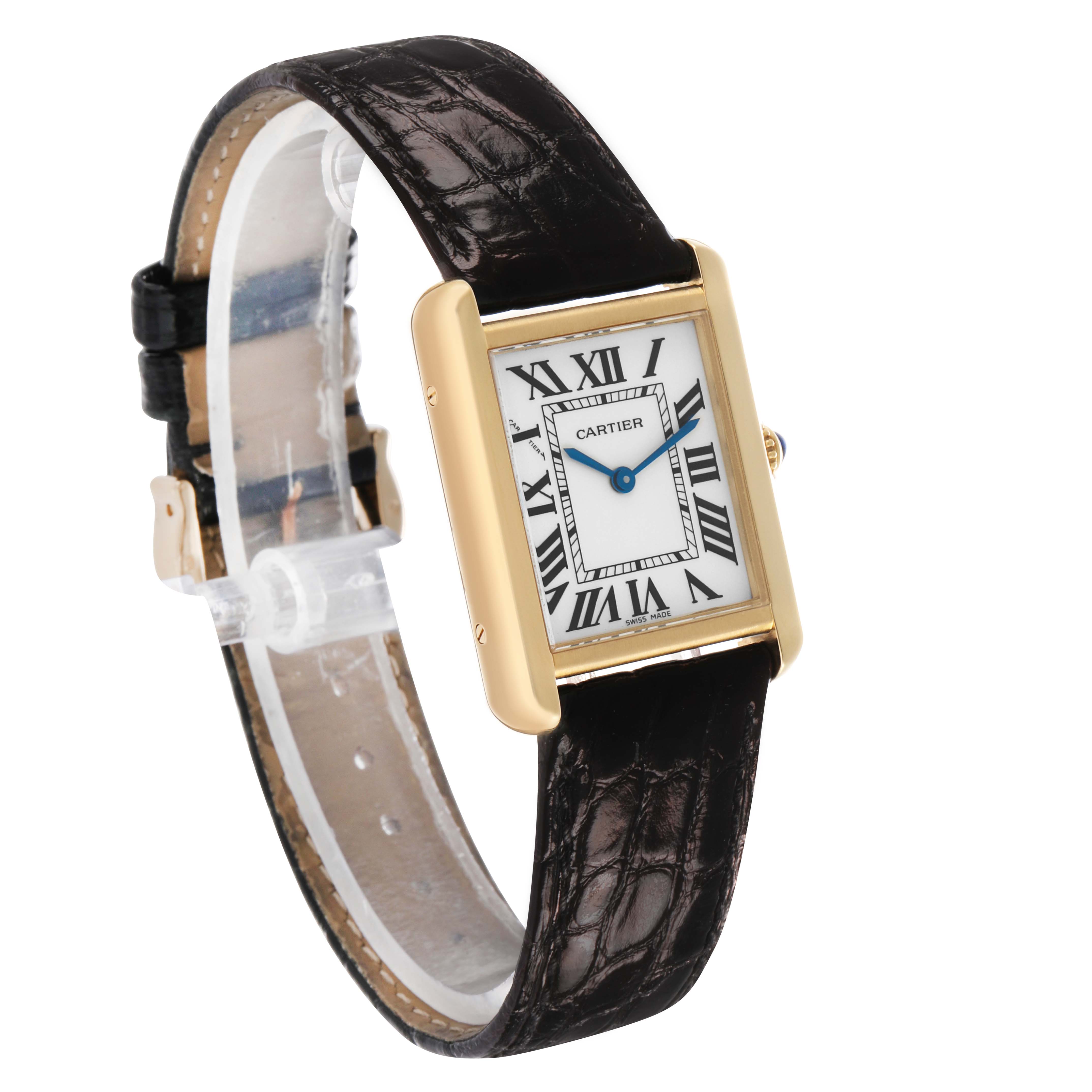The Cartier Tank Solo W5200002 Women's Yellow Gold Silver Dial watch is shown at a three-quarter angle, highlighting its rectangular case, leather strap, and Roman numeral dial.