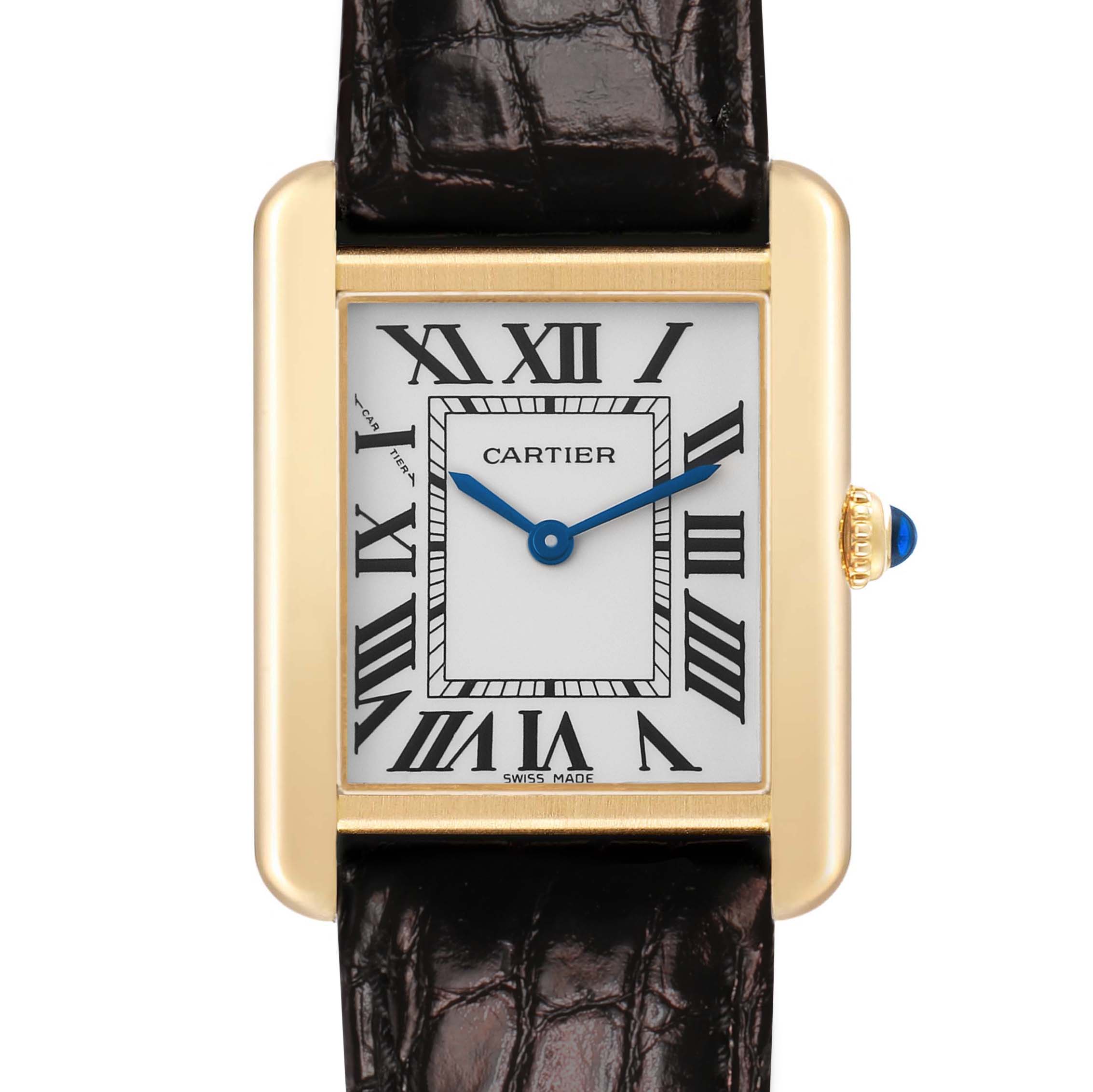 The Cartier Tank Solo W5200002 Women's Yellow Gold Silver Dial watch is shown from the front, displaying the face, Roman numerals, and part of the strap.