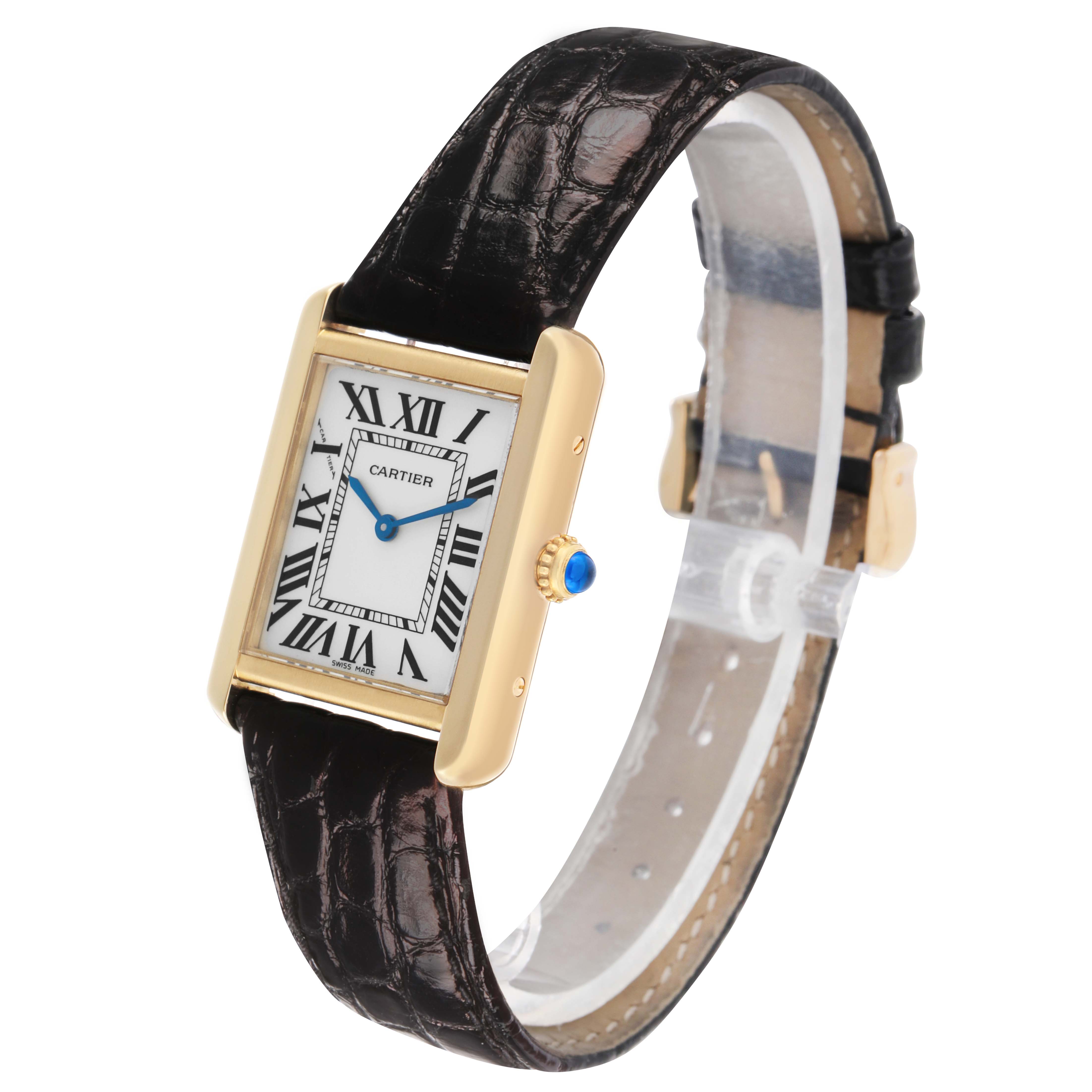 The Cartier Tank Solo W5200002 Women's Yellow Gold Silver Dial watch is shown at a slight angle, displaying its face, crown, and leather strap.