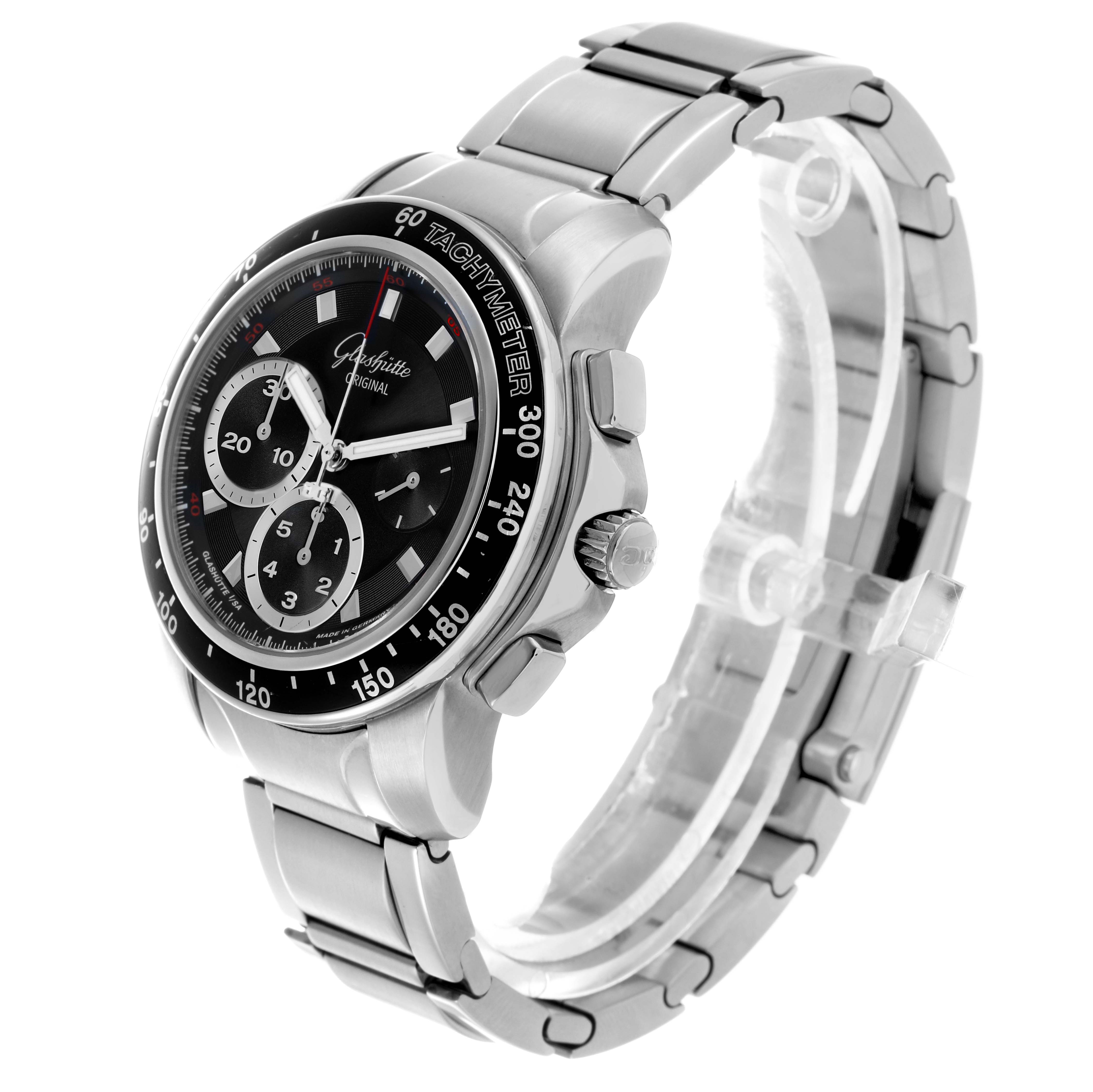 The Glashutte Original 39-31-46-03-14 Men's Stainless Steel Black Dial watch is shown at a 3/4 angle, highlighting its face, tachymeter, crown, and metal bracelet.