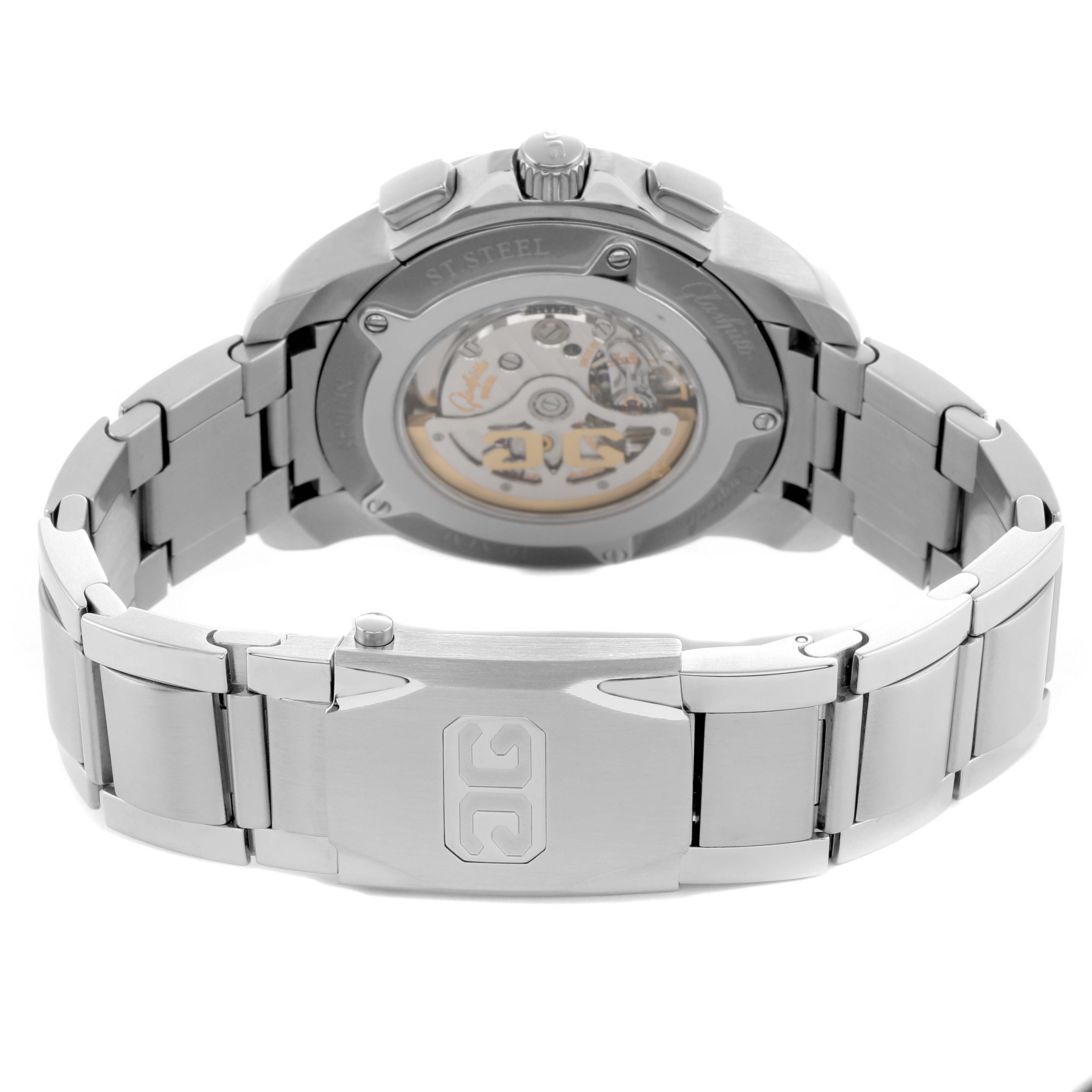 The image shows a Glashutte Original 39-31-46-03-14 Men's Stainless Steel Black Dial watch from the back, highlighting the movement and stainless steel bracelet.