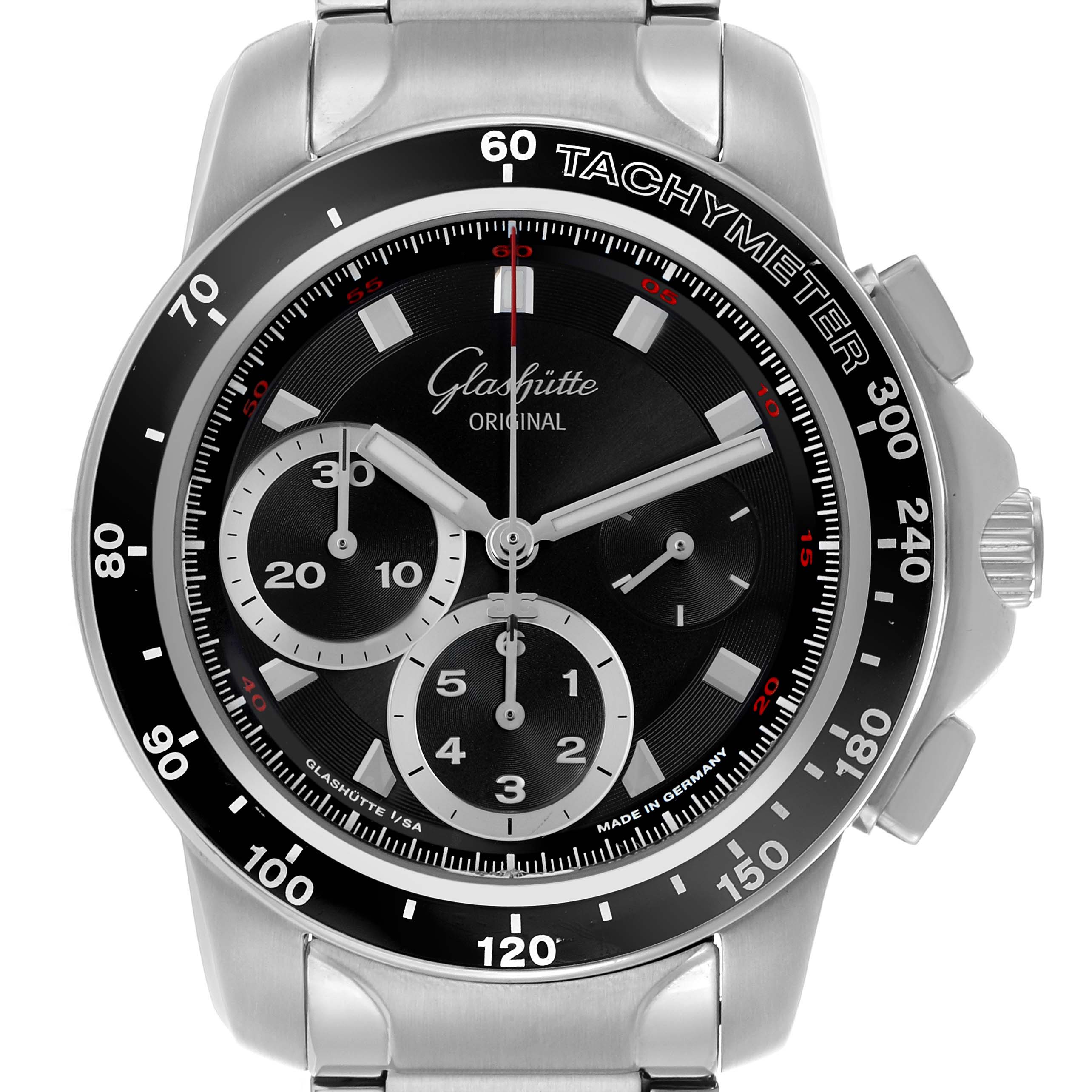 The image shows a Glashütte Original watch from a front angle, highlighting its dial, tachymeter, and chronograph sub-dials.