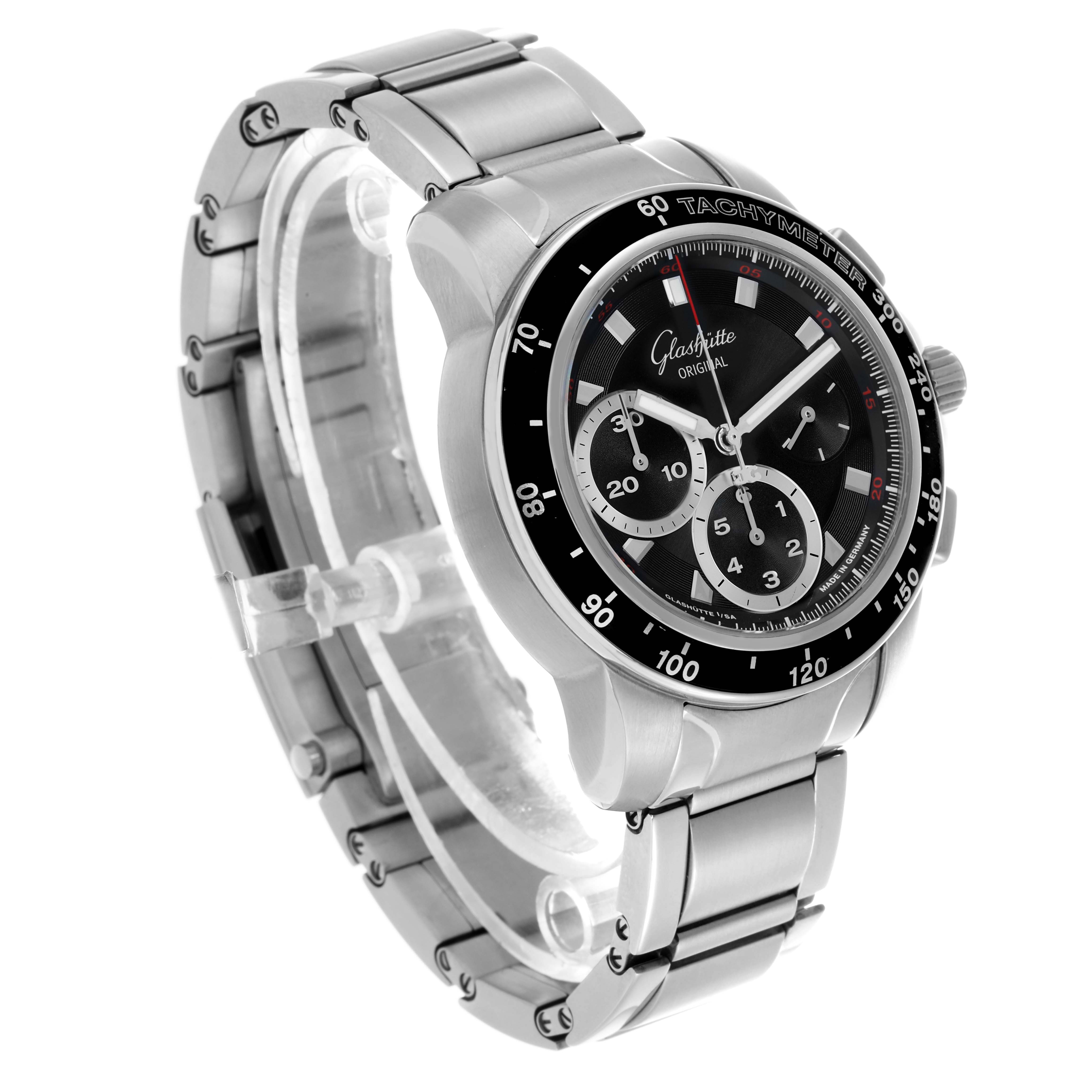 The Glashutte Original 39-31-46-03-14 Men's Stainless Steel Black Dial watch is shown at an angled side view, highlighting its face, bezel, and stainless steel bracelet.