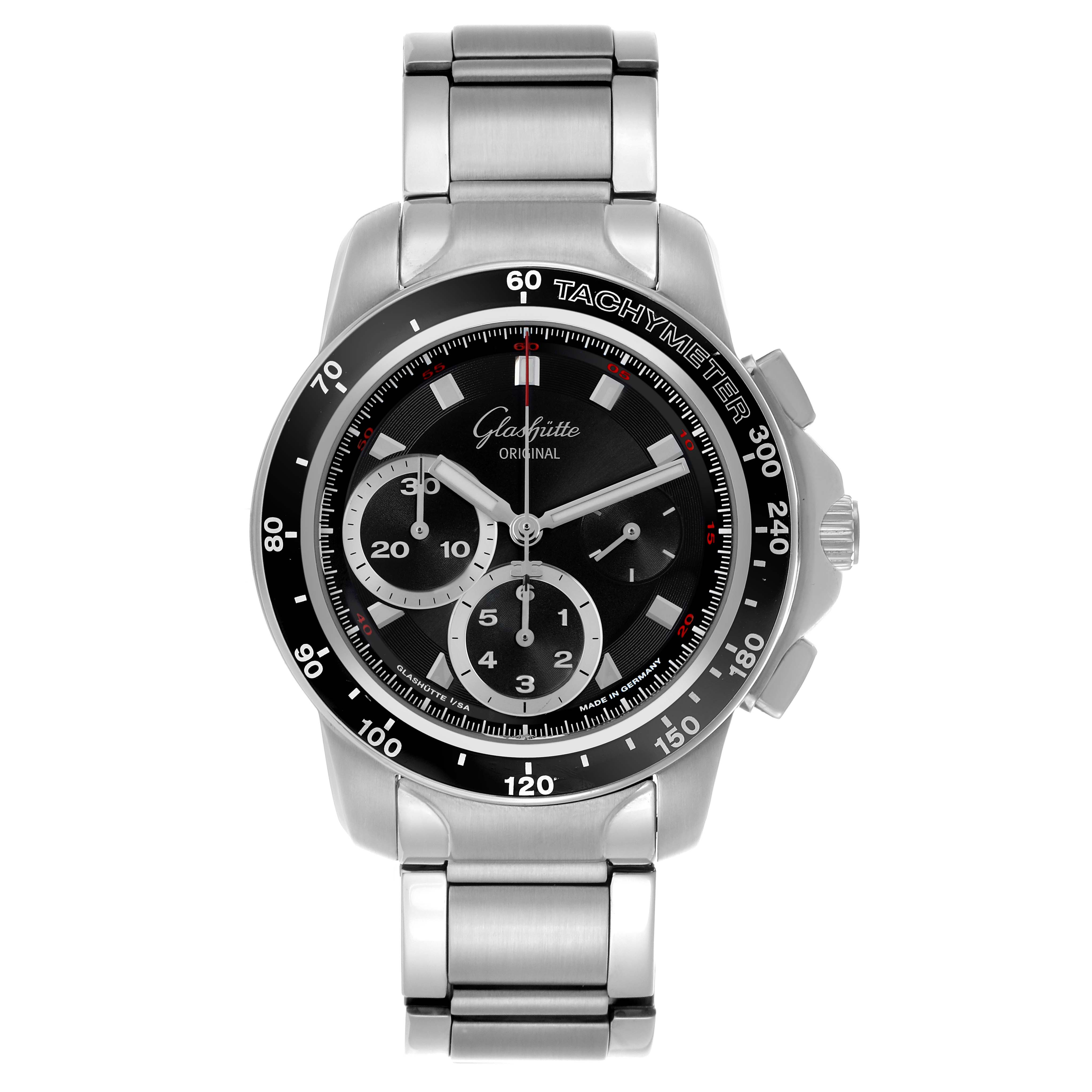 The Glashütte Original watch is shown from a front angle, displaying its dial, bezel, and stainless steel bracelet.