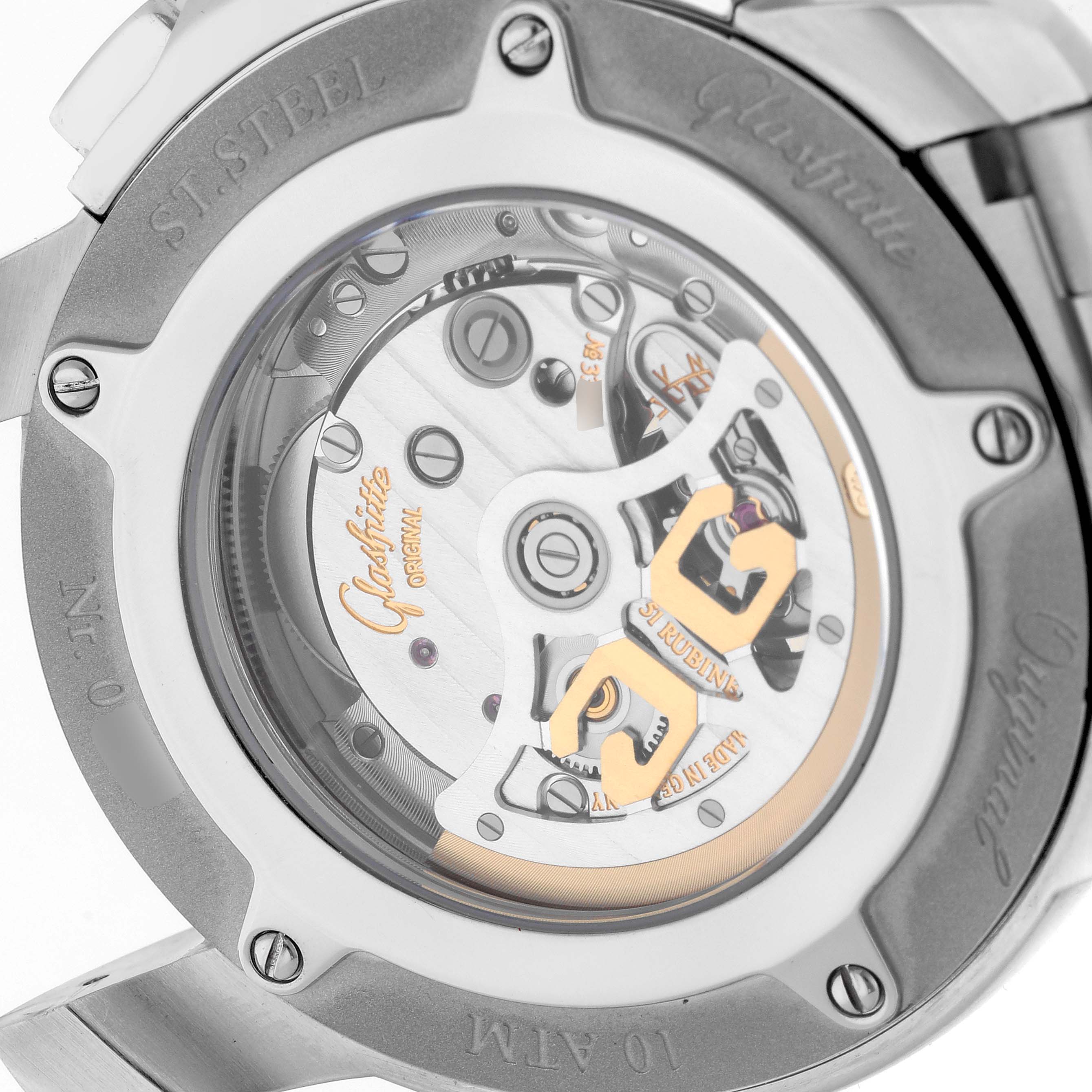 The image shows the back view of the Glashütte Original watch case, revealing its intricate movement and rotor.